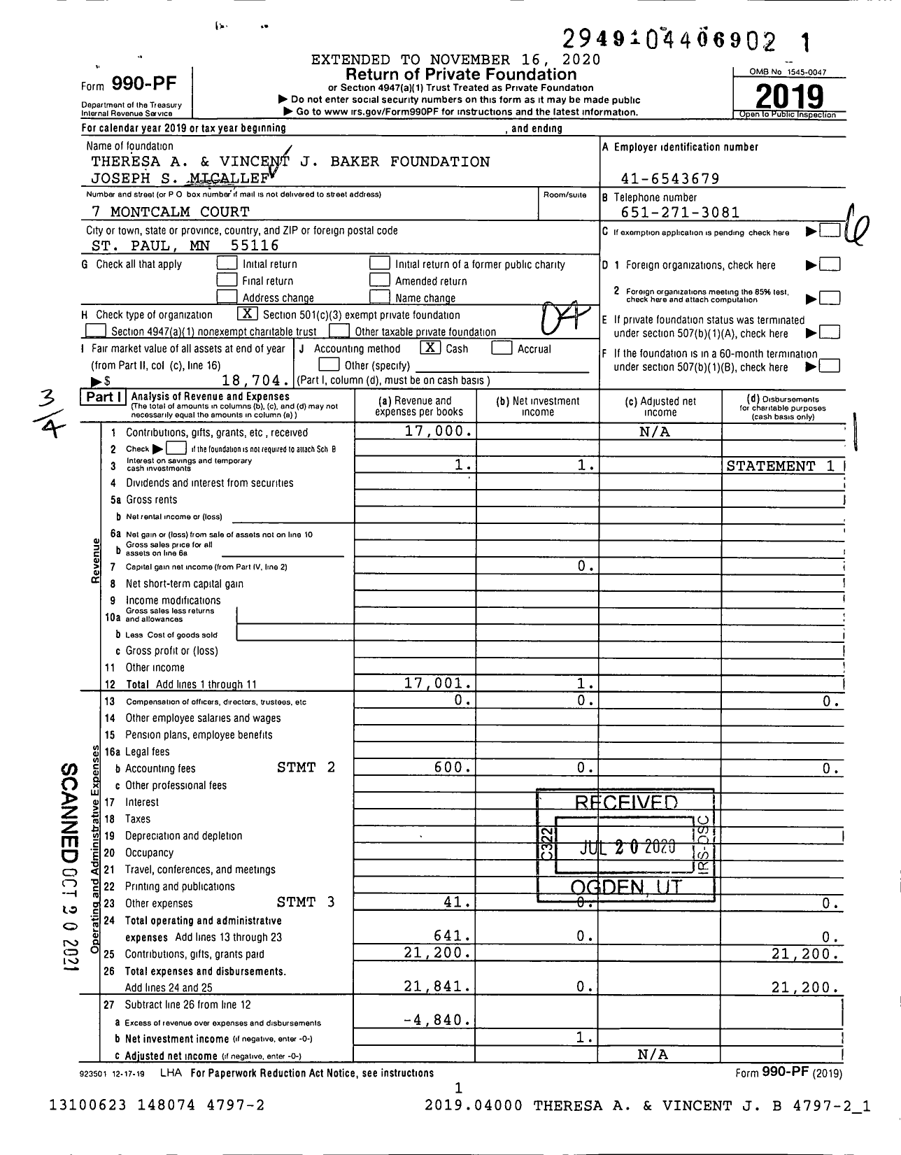 Image of first page of 2019 Form 990PF for Theresa A and Vincent J Baker Foundation Joseph S Micallef