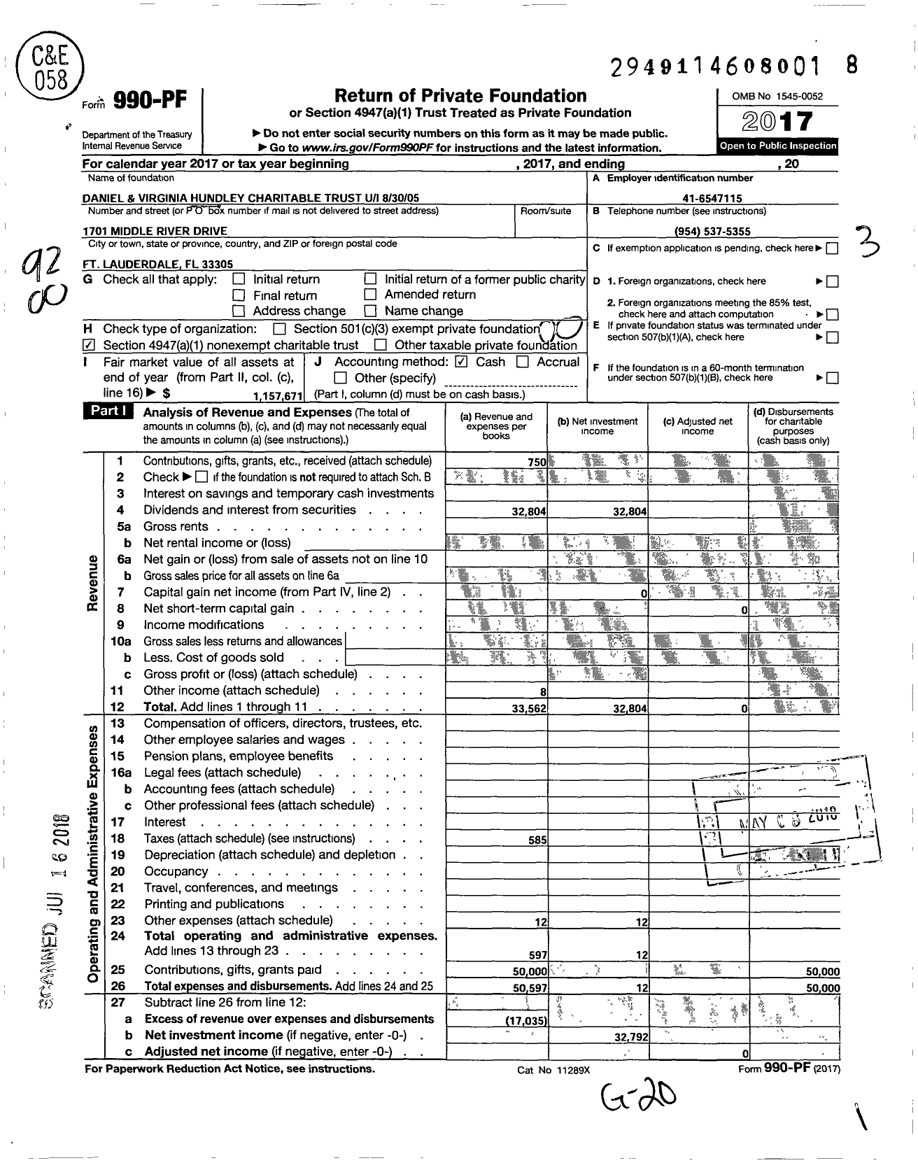 Image of first page of 2017 Form 990PF for Daniel and Virginia Hundley Charitable Trust Ui 83005