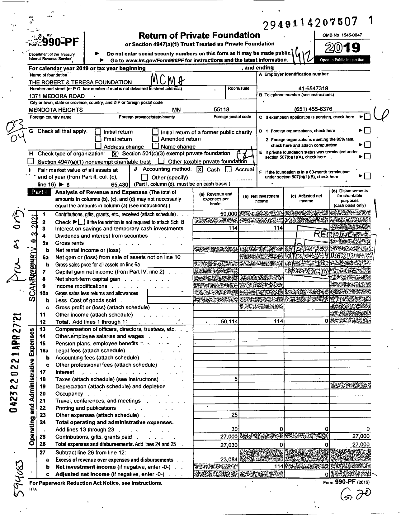 Image of first page of 2019 Form 990PF for The Robert and Teresa Foundation