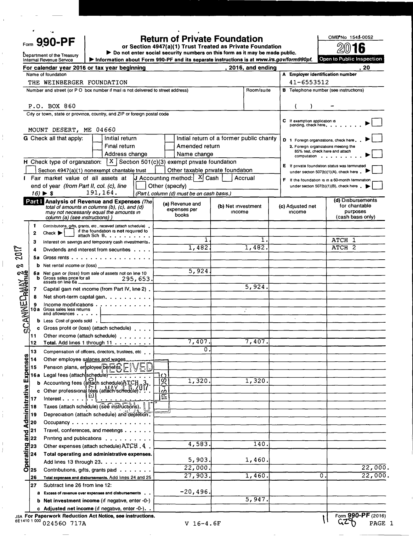 Image of first page of 2016 Form 990PF for The Weinberger Foundation