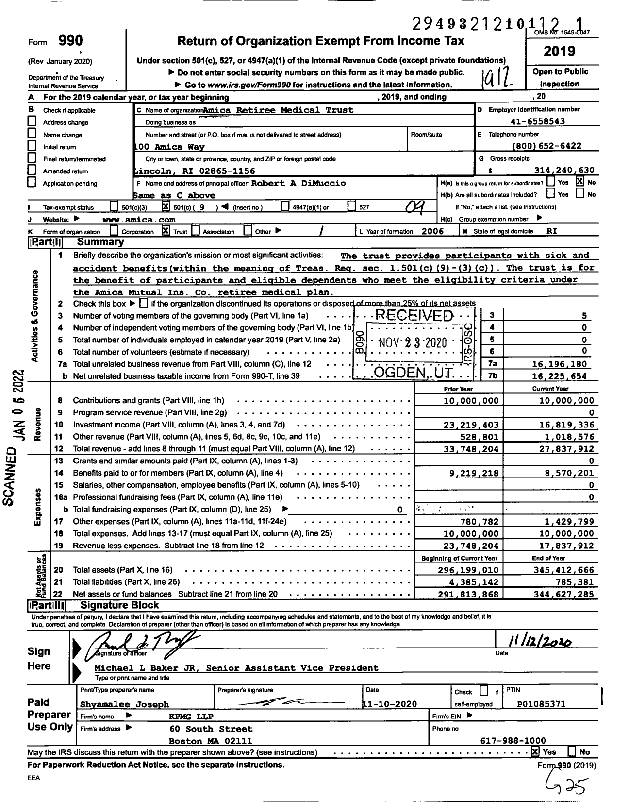 Image of first page of 2019 Form 990O for Amica Retiree Medical Trust