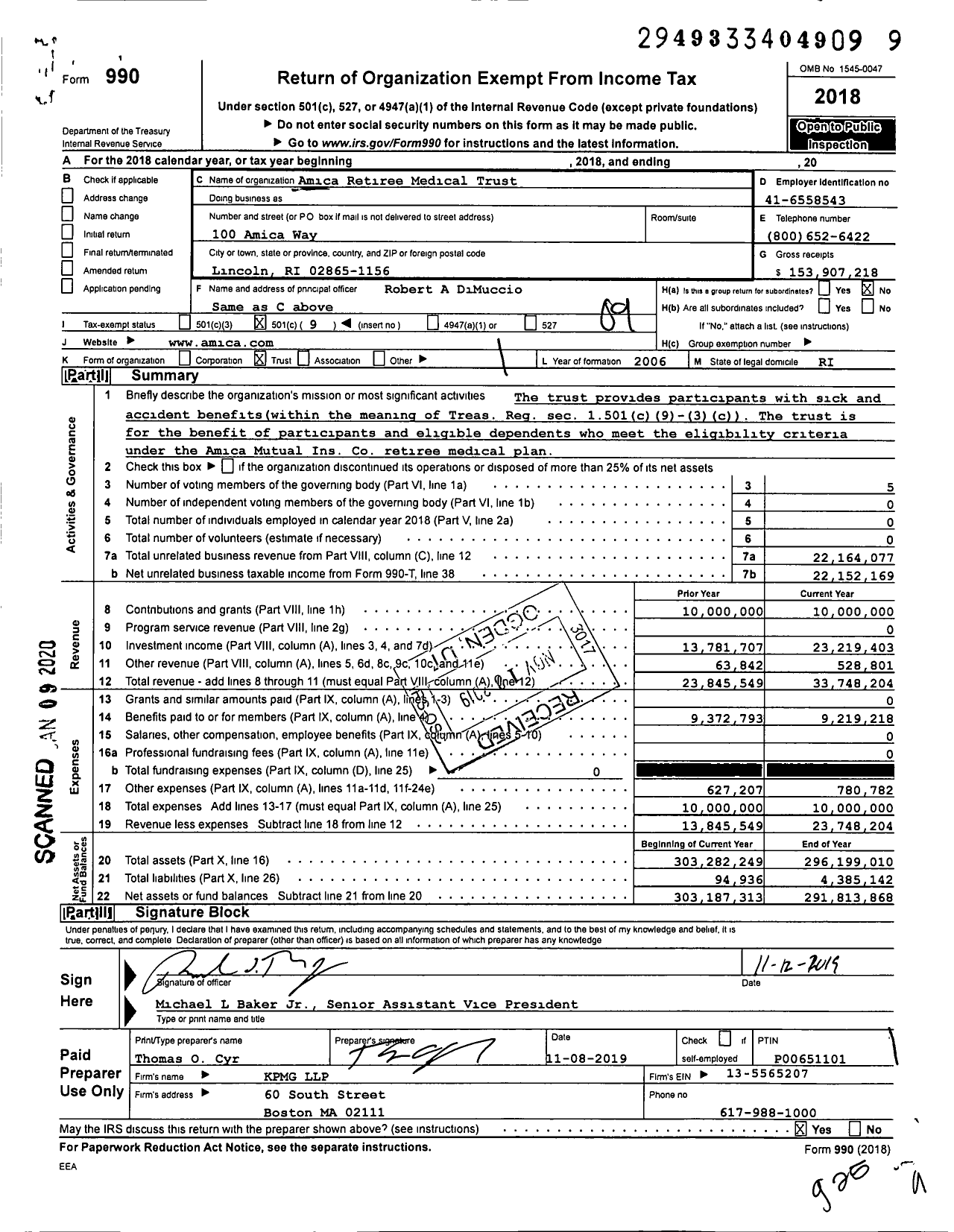 Image of first page of 2018 Form 990O for Amica Retiree Medical Trust