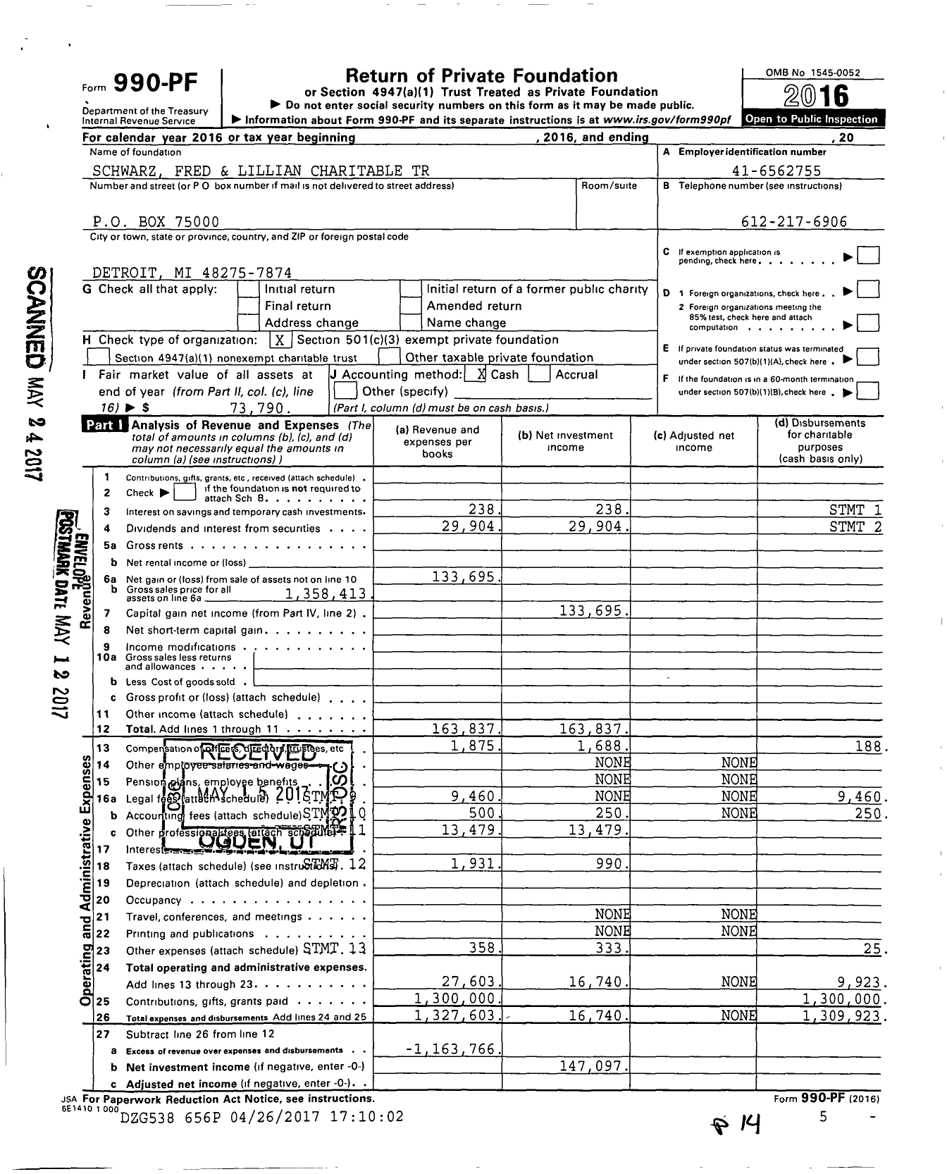 Image of first page of 2016 Form 990PF for Schwarz Fred and Lillian Charitable Trust