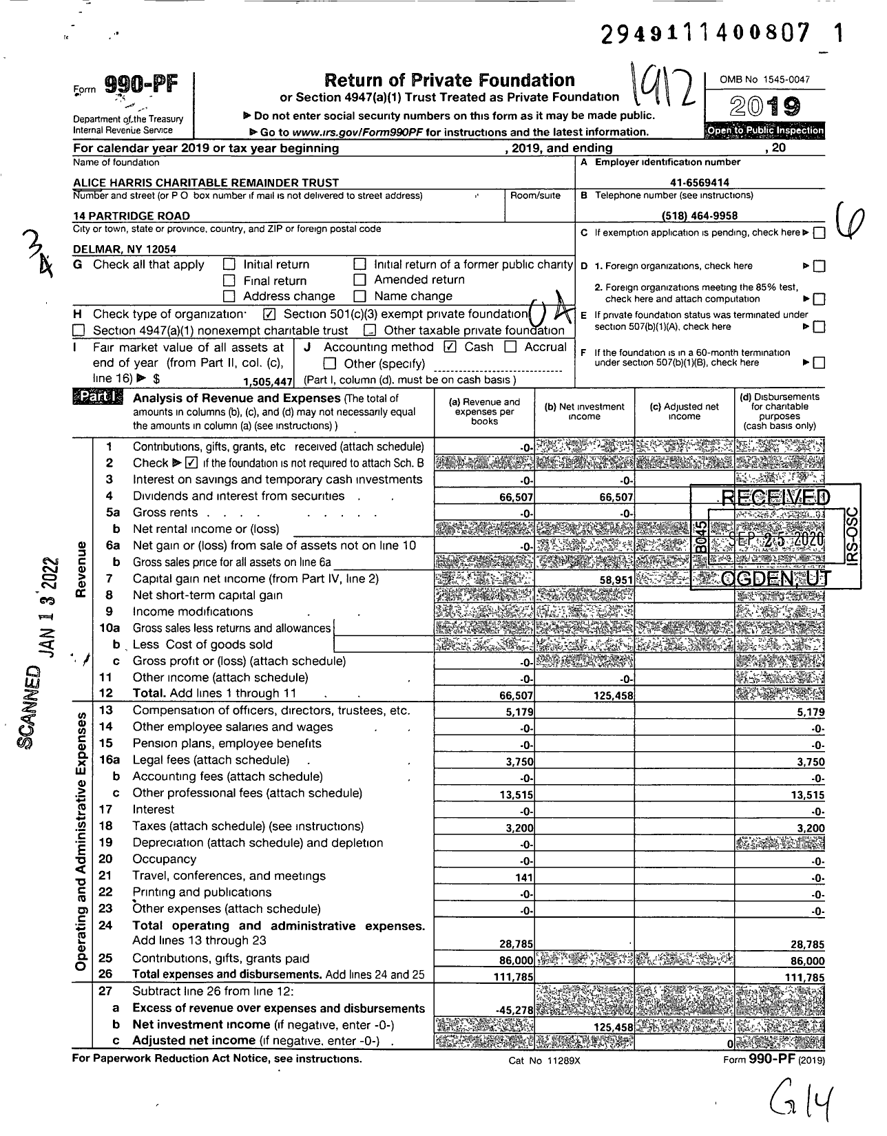 Image of first page of 2019 Form 990PF for Alice Harris Charitable Remainder Trust