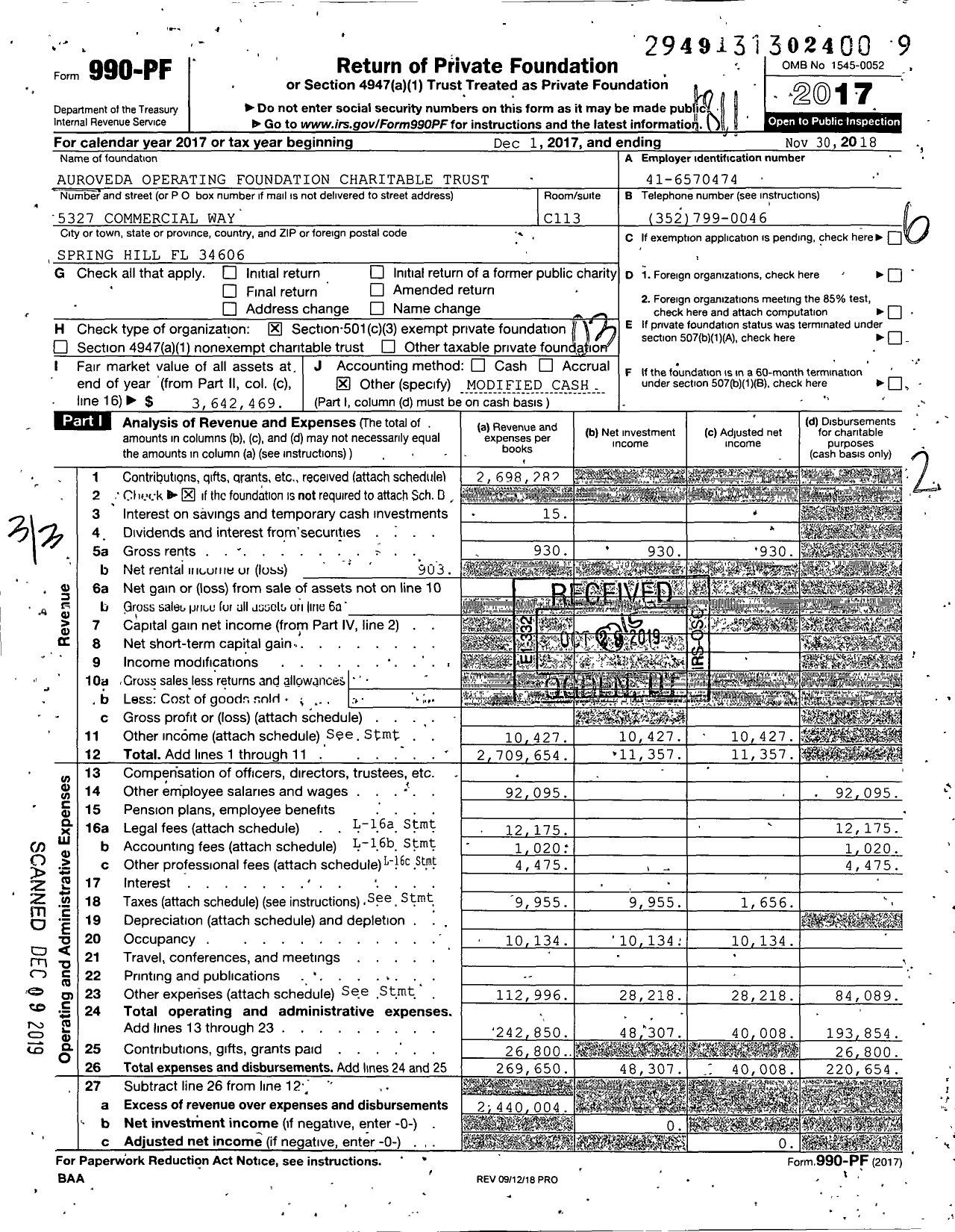 Image of first page of 2017 Form 990PF for Auroveda Operating Foundation Charitable Trust