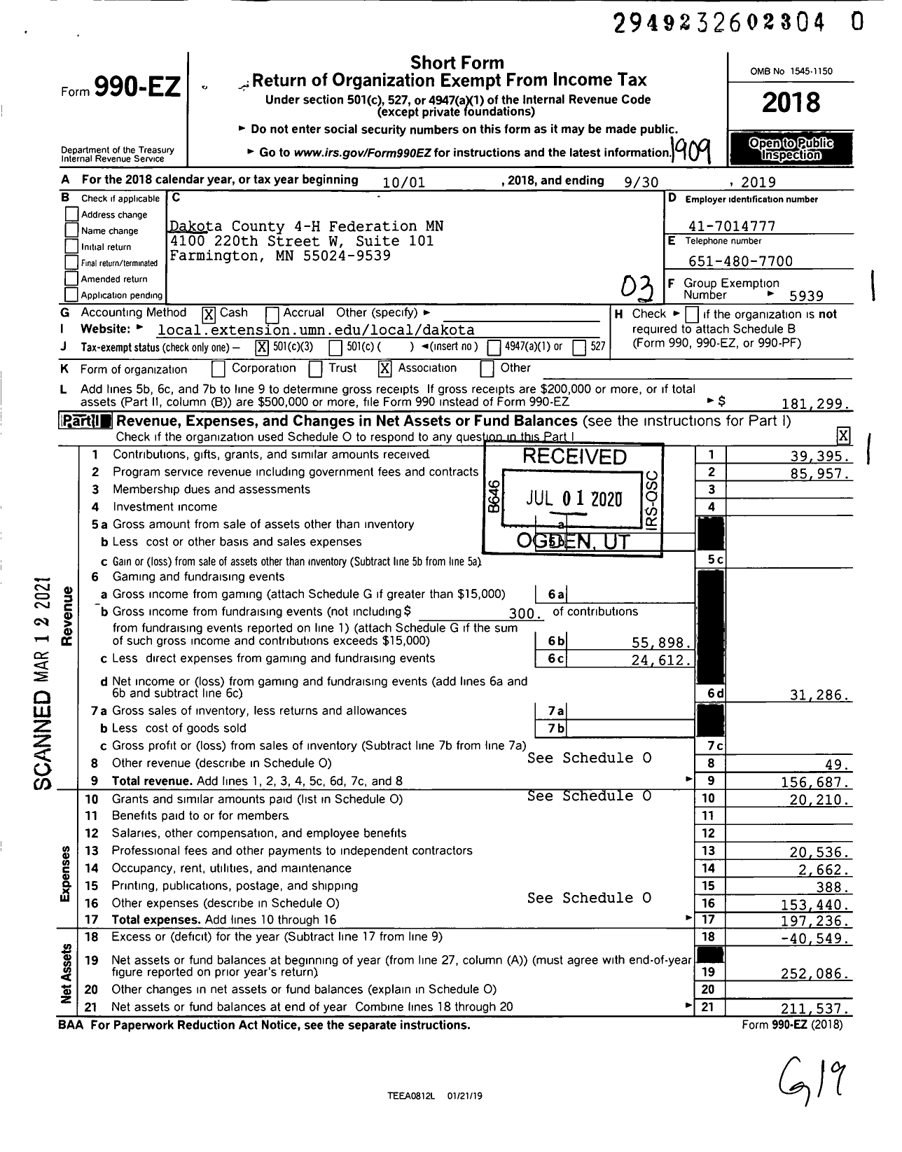 Image of first page of 2018 Form 990EZ for Dakota County 4-H Federation MN