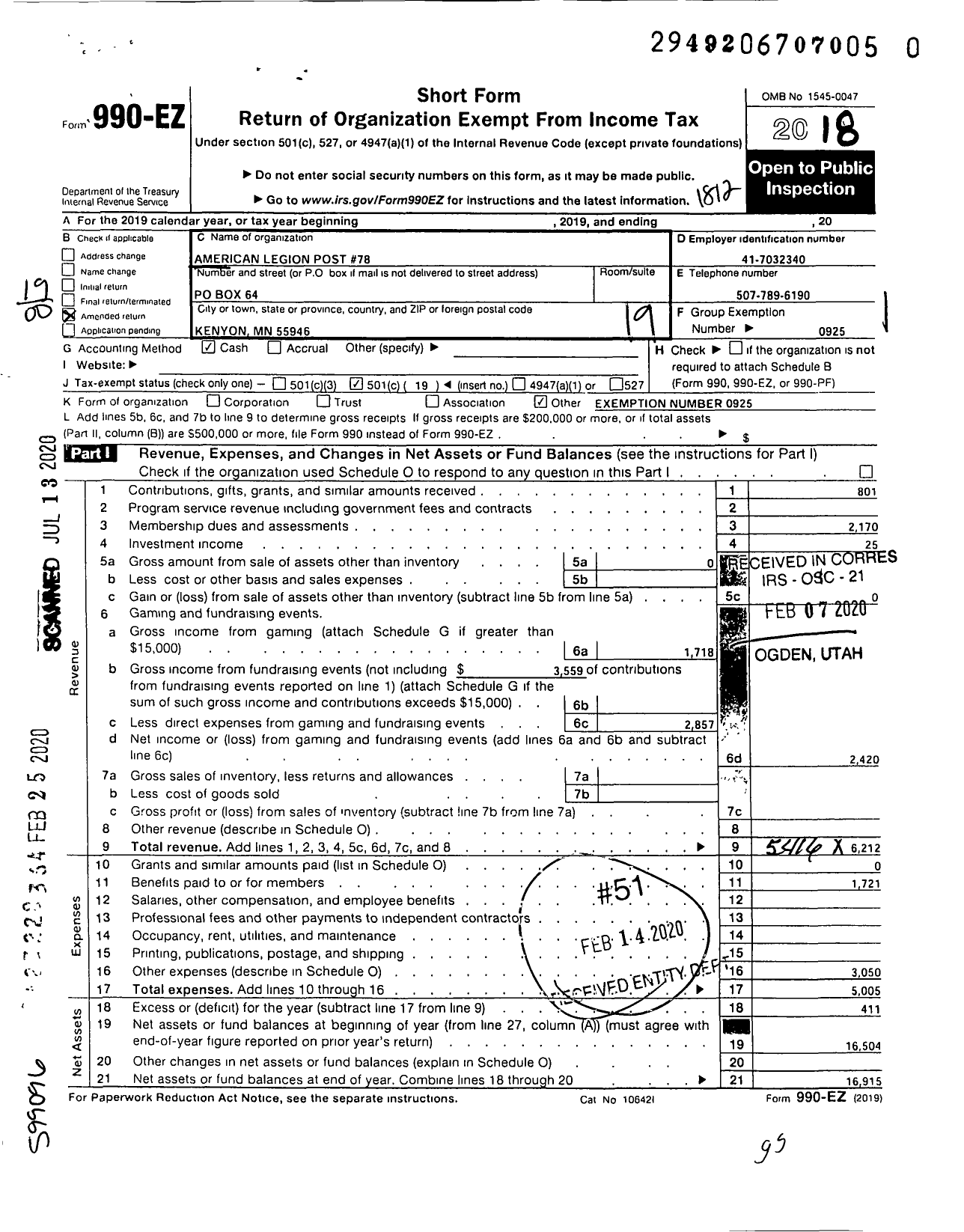 Image of first page of 2018 Form 990EO for American Legion - 78 Joseph A Gates
