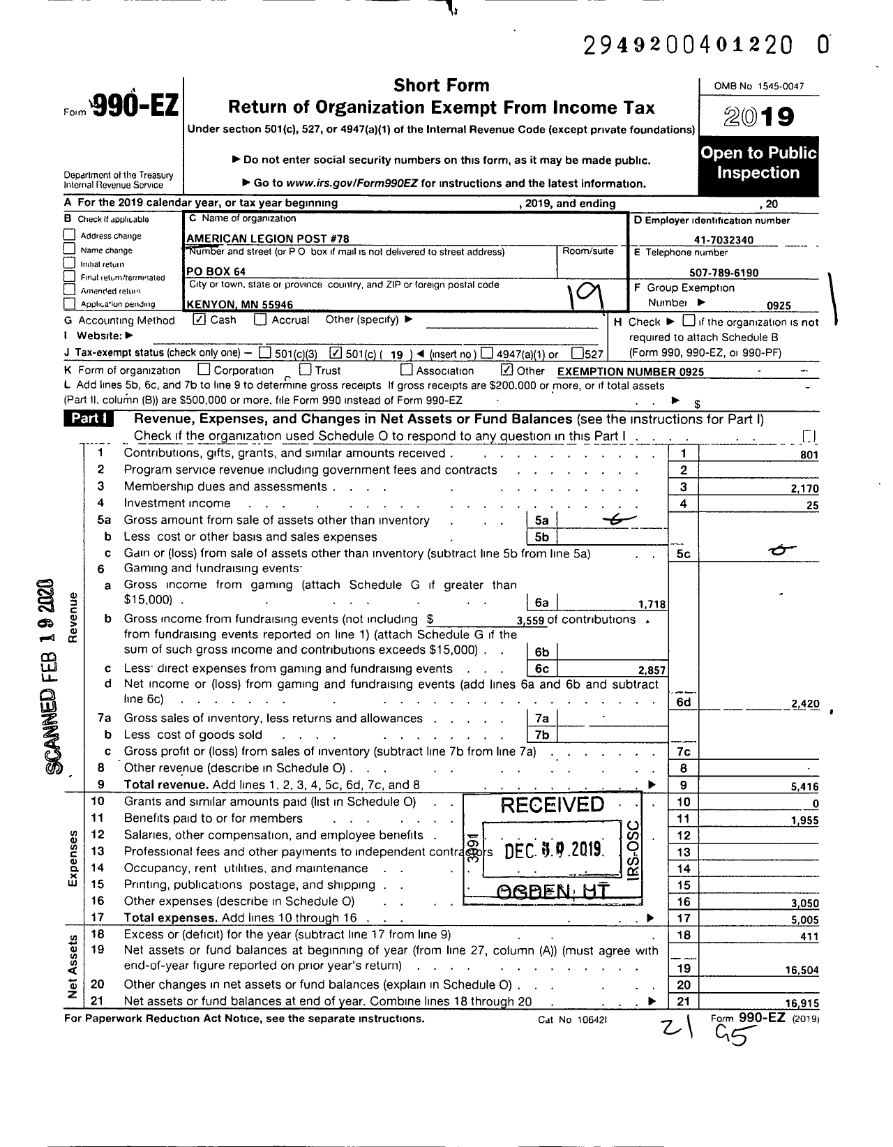 Image of first page of 2019 Form 990EO for American Legion - 78 Joseph A Gates