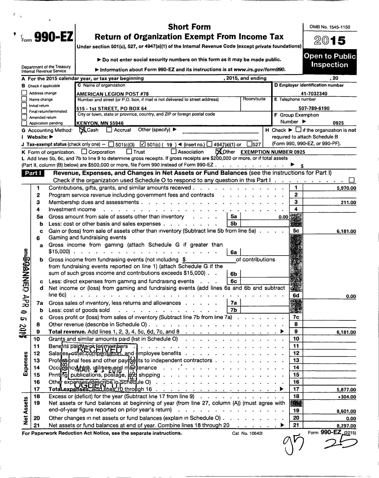 Image of first page of 2015 Form 990EO for American Legion - 78 Joseph A Gates