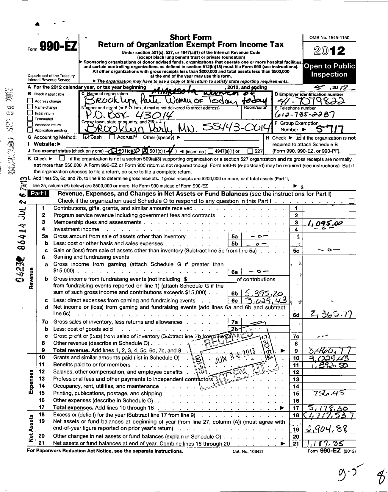 Image of first page of 2011 Form 990EO for Minnesota Women of Today / Brooklyn Park Women of Today