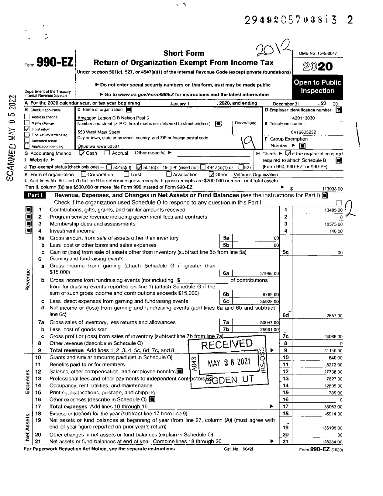 Image of first page of 2020 Form 990EO for American Legion - 0003 O B Nelson Post