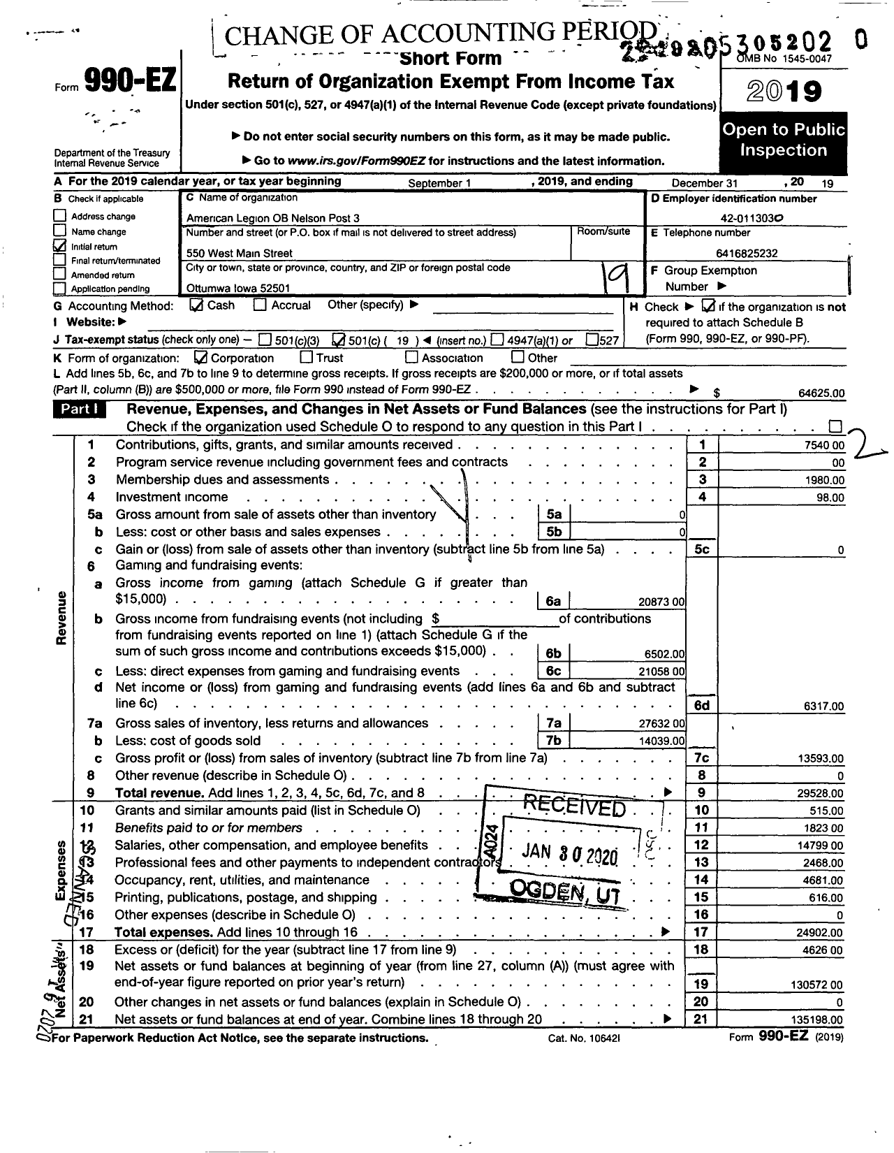 Image of first page of 2019 Form 990EO for American Legion - 0003 O B Nelson Post