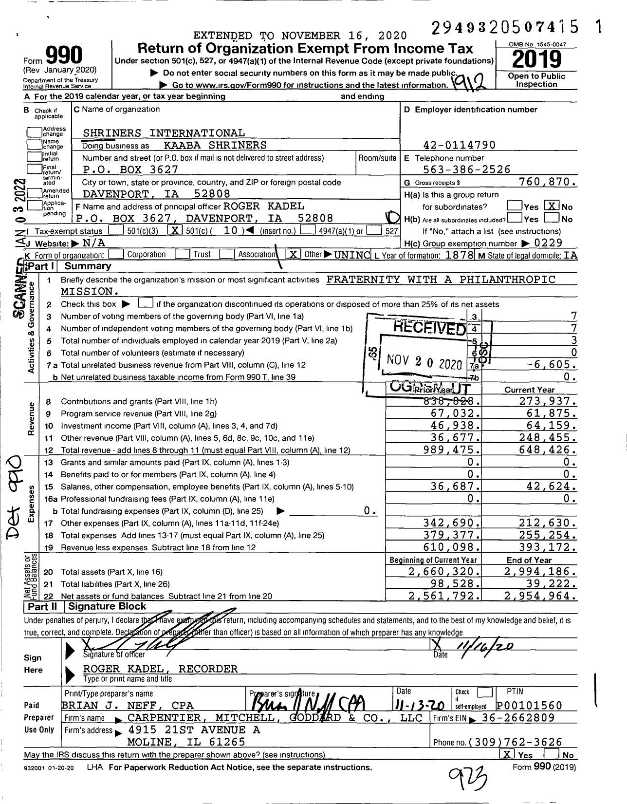 Image of first page of 2019 Form 990O for Shriners International - Kaaba Shriners