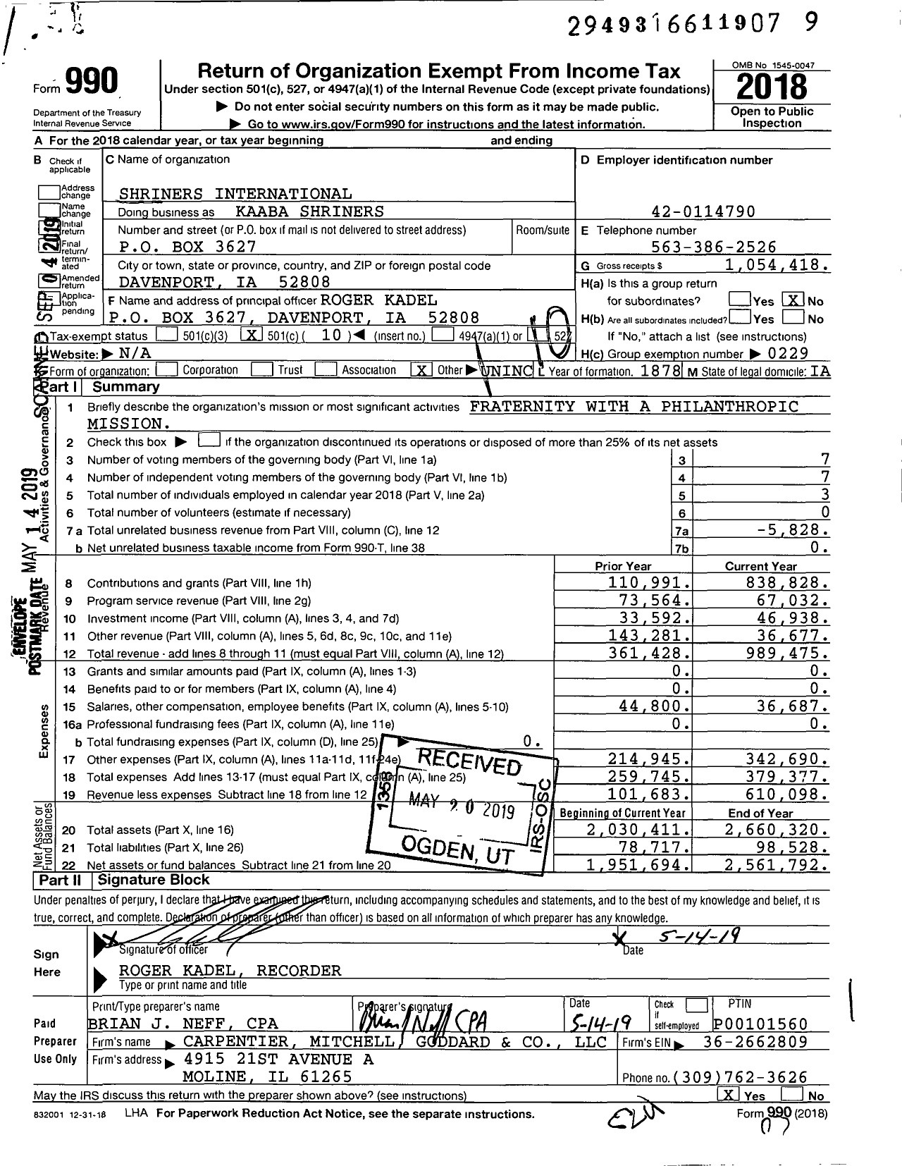 Image of first page of 2018 Form 990O for Shriners International - Kaaba Shriners