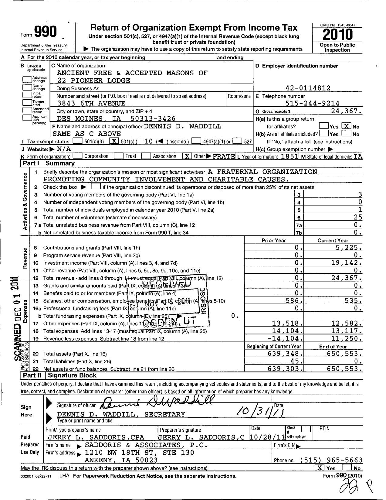 Image of first page of 2010 Form 990O for Ancient Free and Accepted Masons of Iowa - 22 Pioneer Lodge