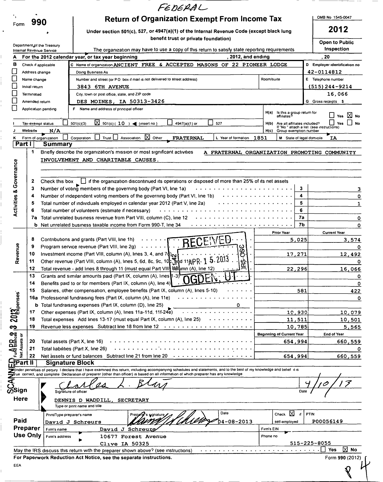 Image of first page of 2012 Form 990O for Ancient Free and Accepted Masons of Iowa - 22 Pioneer Lodge