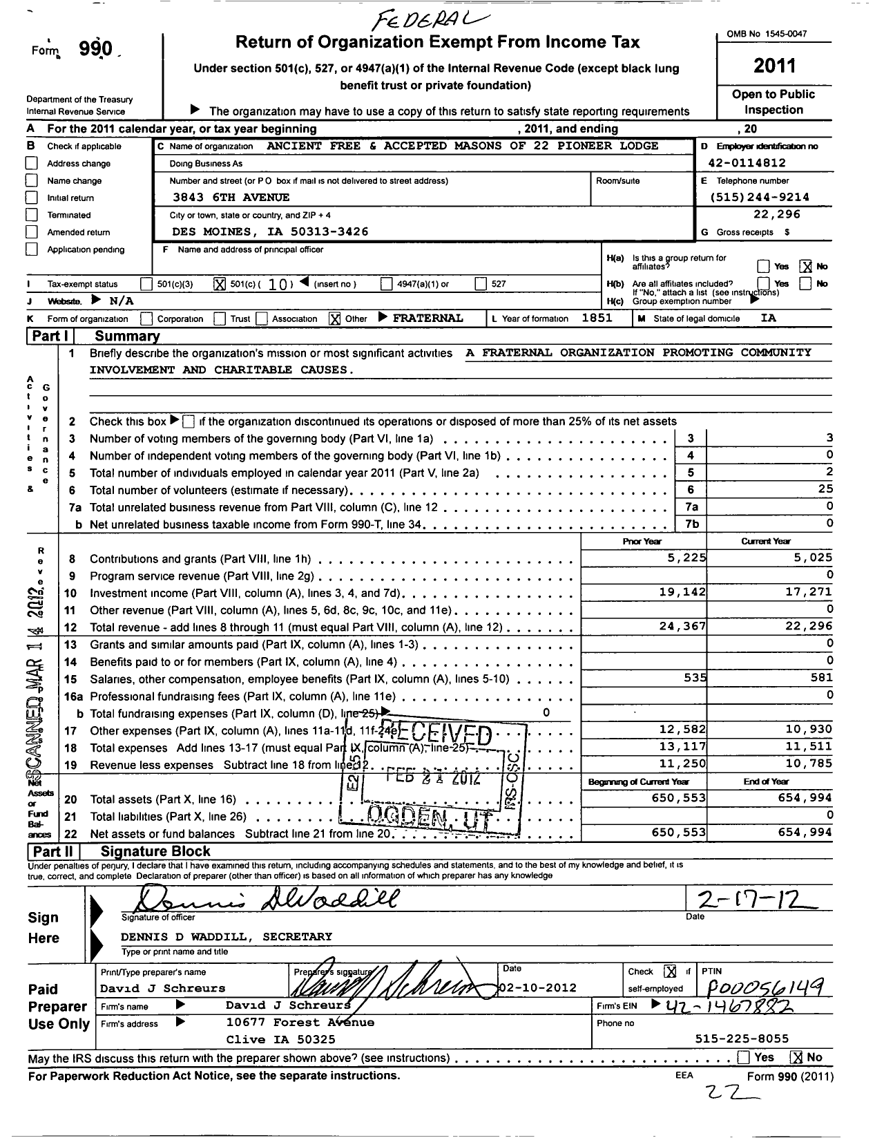 Image of first page of 2011 Form 990O for Ancient Free and Accepted Masons of Iowa - 22 Pioneer Lodge