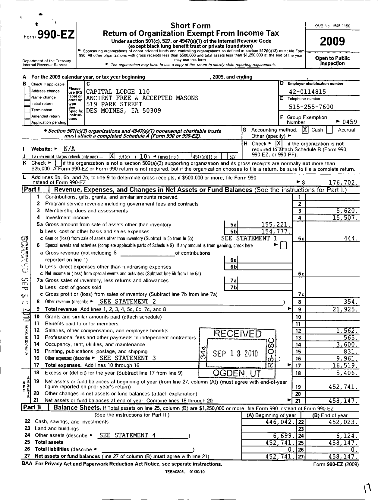 Image of first page of 2009 Form 990EO for Ancient Free and Accepted Masons of Iowa - 110 Capital