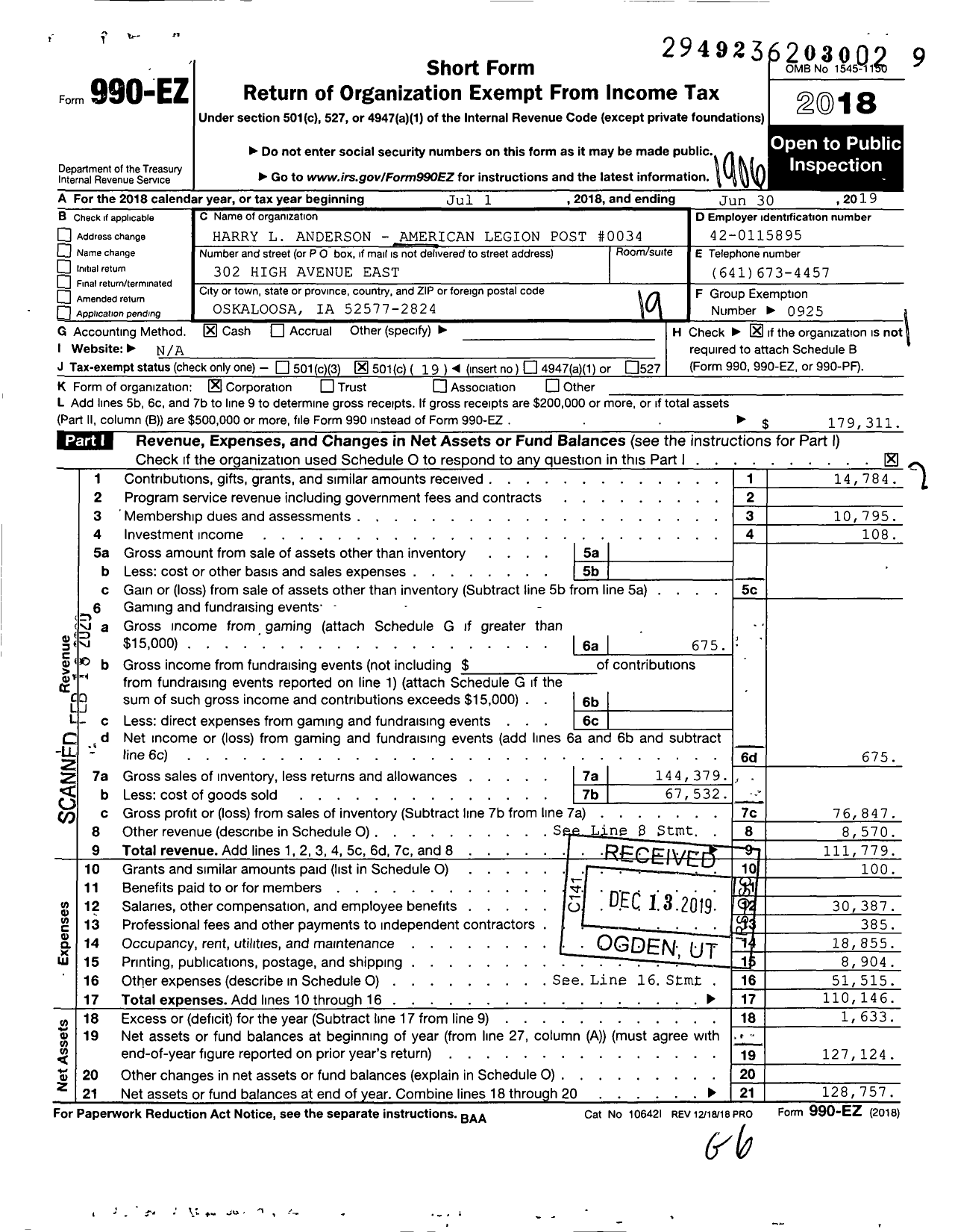 Image of first page of 2018 Form 990EO for American Legion - 0034 Post