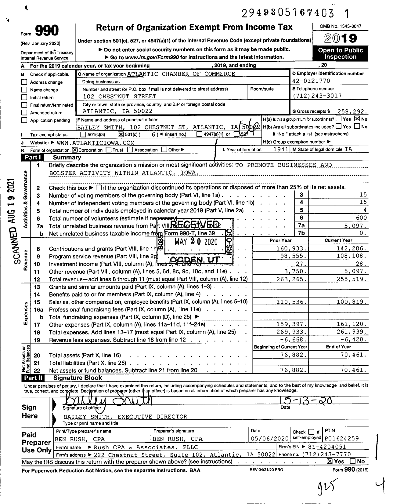 Image of first page of 2019 Form 990O for Atlantic Chamber of Commerce