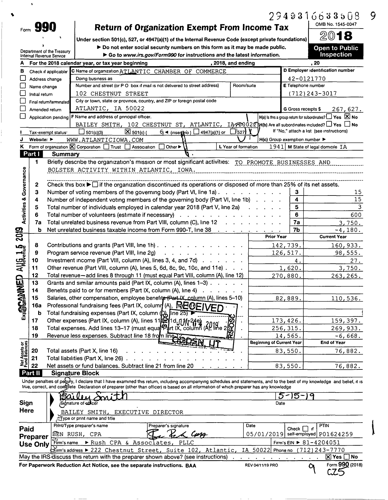 Image of first page of 2018 Form 990O for Atlantic Chamber of Commerce