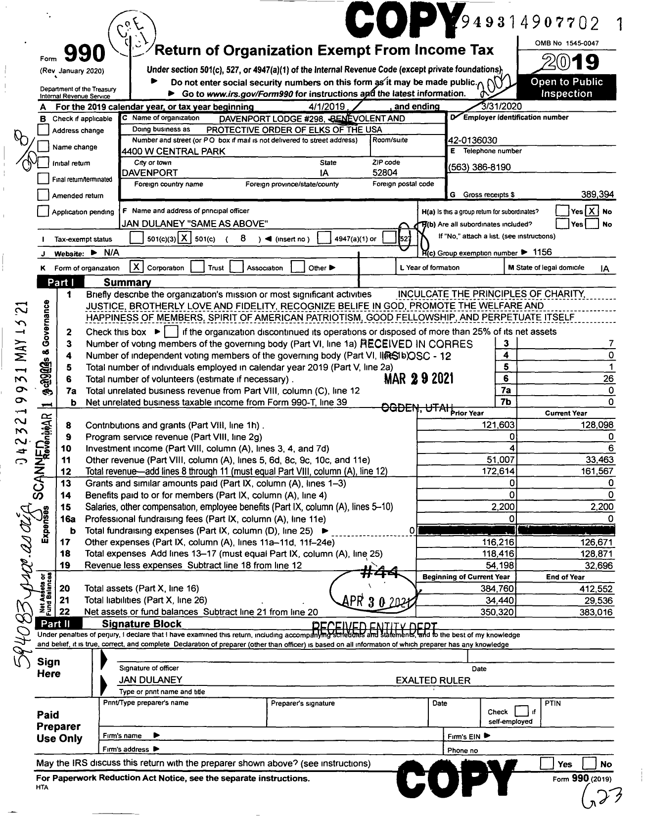 Image of first page of 2019 Form 990O for Benevolent and Protective Order of Elks - 298 Davenport