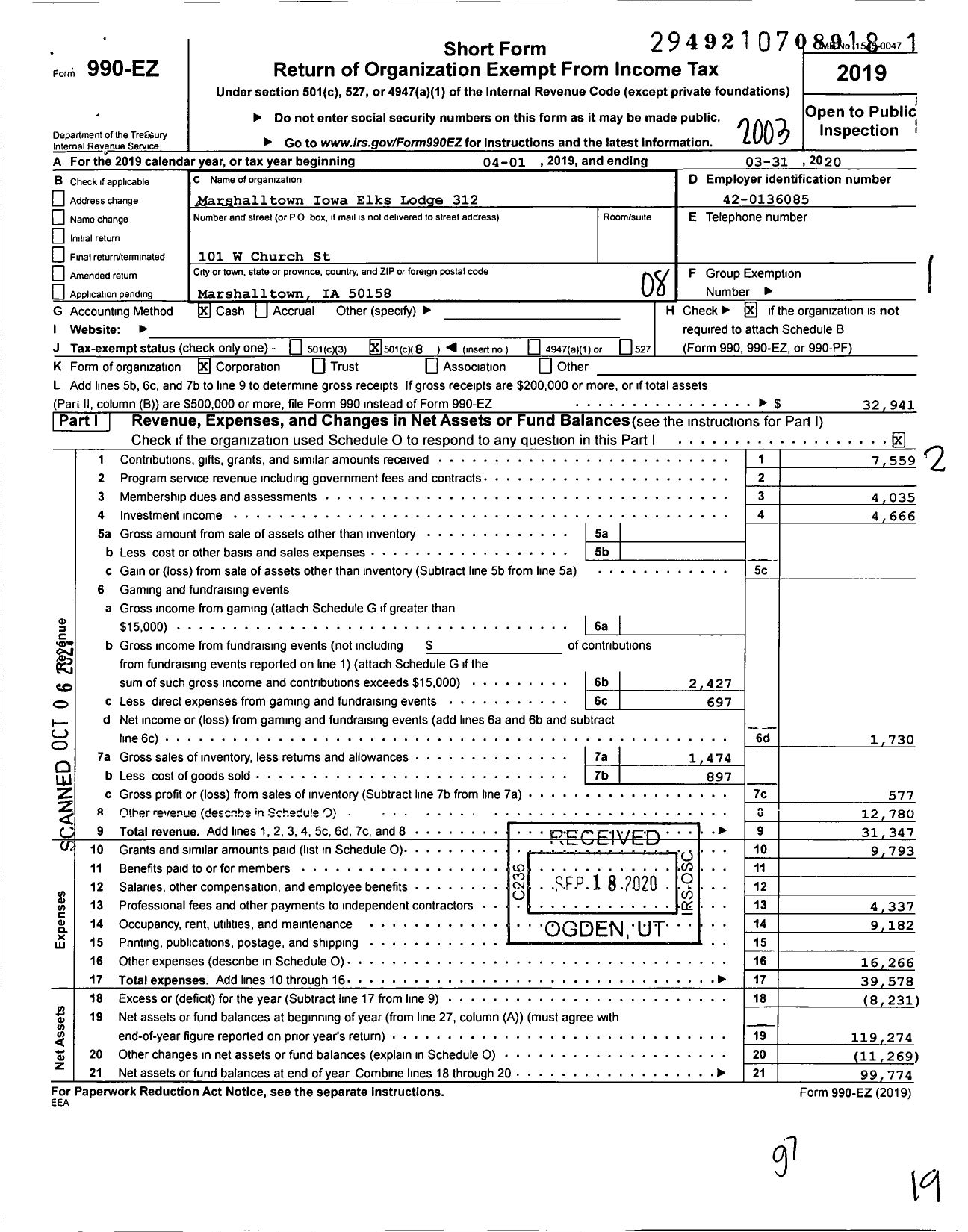 Image of first page of 2019 Form 990EO for Benevolent and Protective Order of Elks - 312 Marshalltown