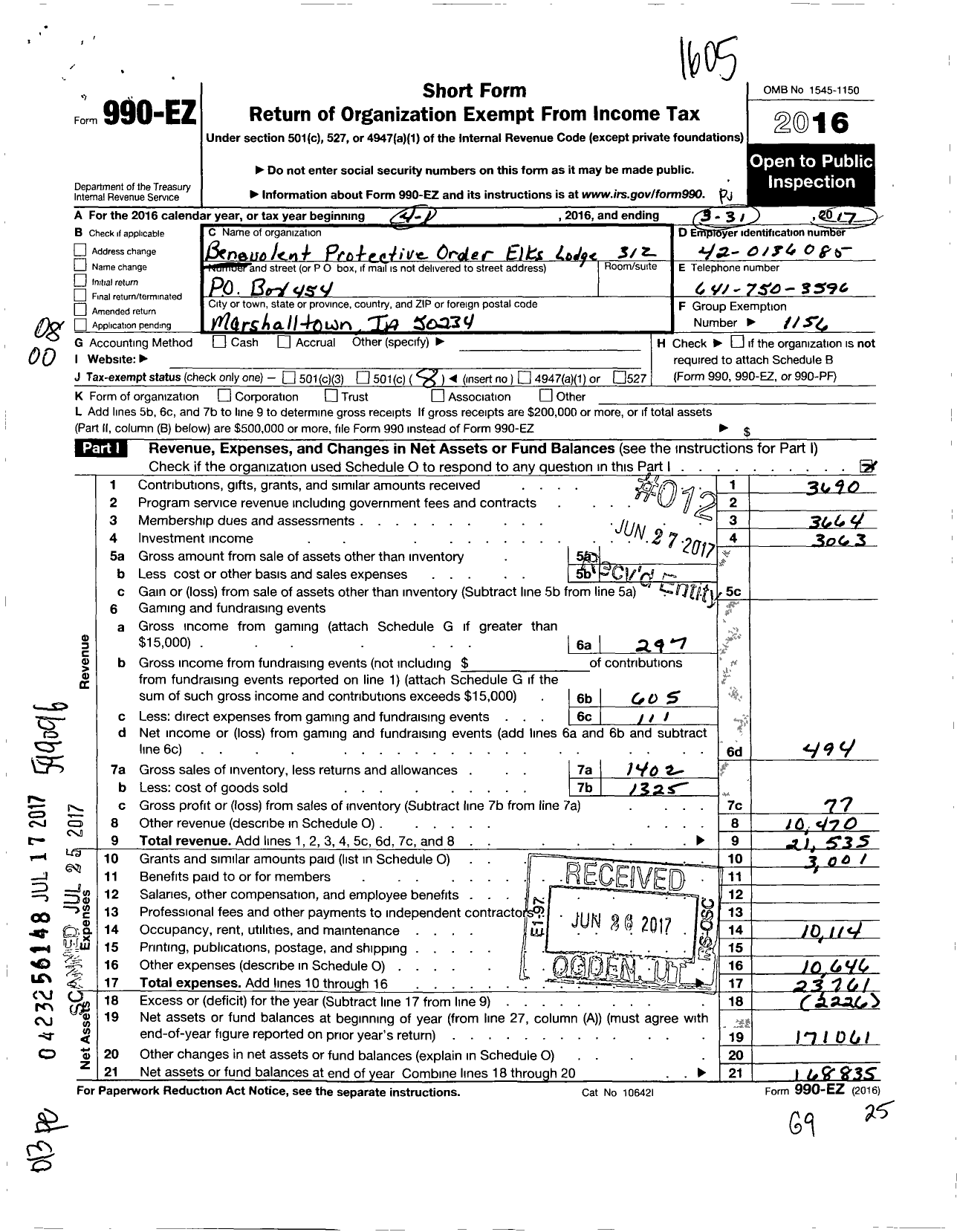 Image of first page of 2016 Form 990EO for Benevolent and Protective Order of Elks - 312 Marshalltown