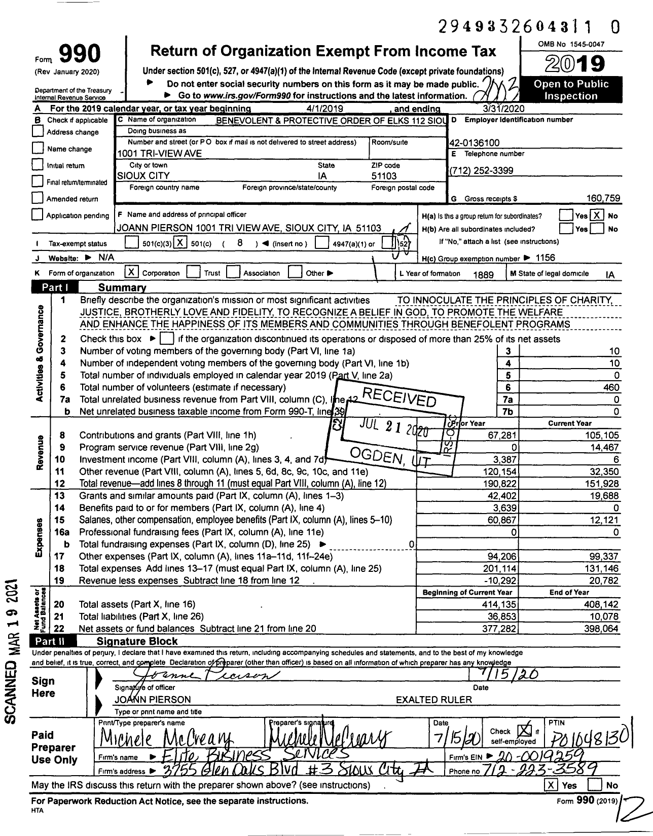 Image of first page of 2019 Form 990O for Benevolent and Protective Order of Elks - Sioux City Elks 112