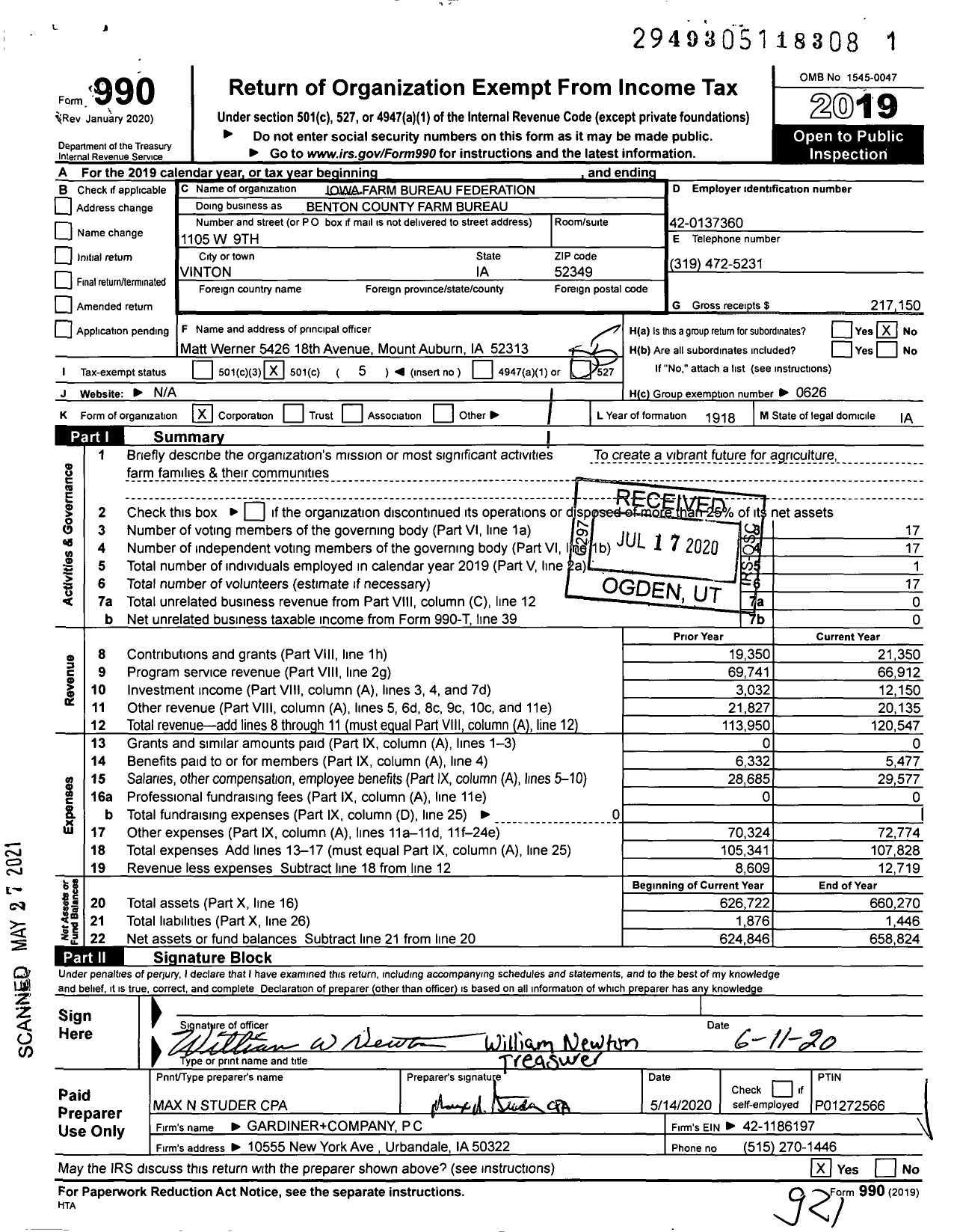 Image of first page of 2019 Form 990O for Iowa Farm Bureau Federation - Benton County Farm Bureau