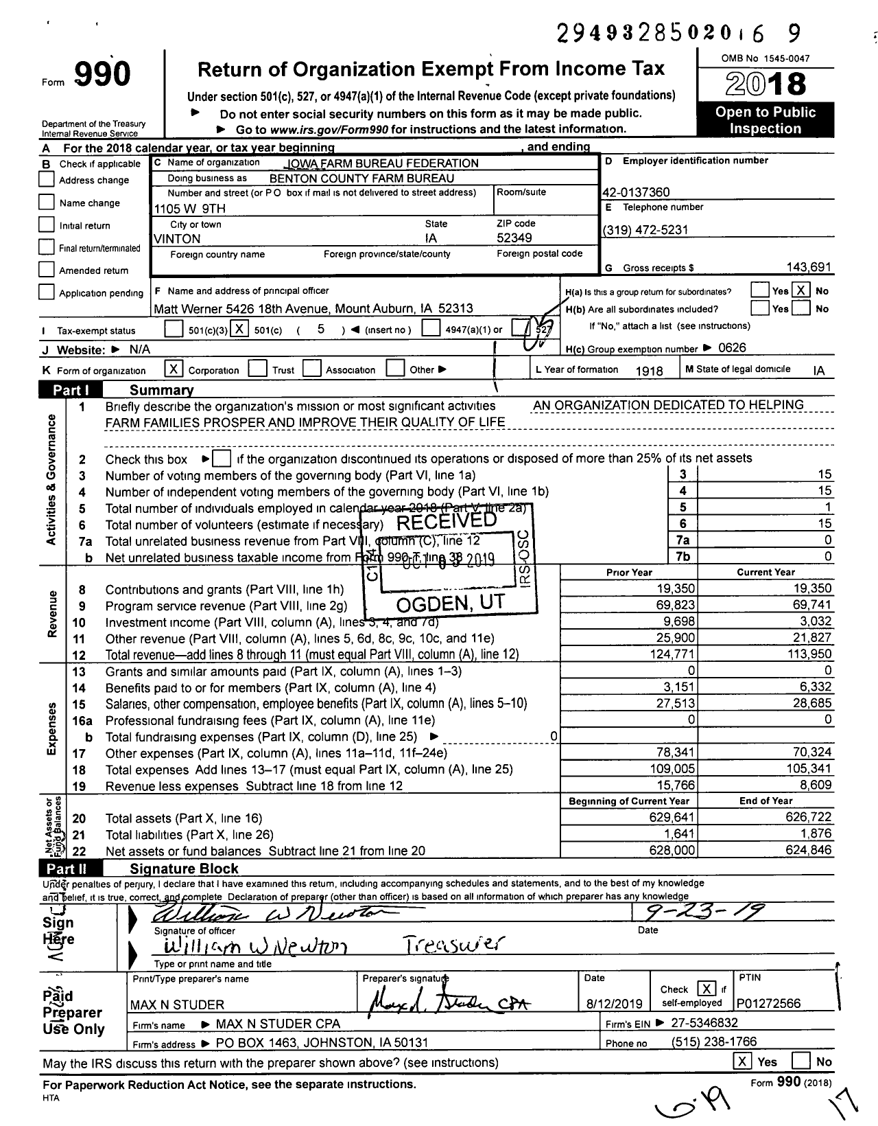 Image of first page of 2018 Form 990O for Iowa Farm Bureau Federation - Benton County Farm Bureau