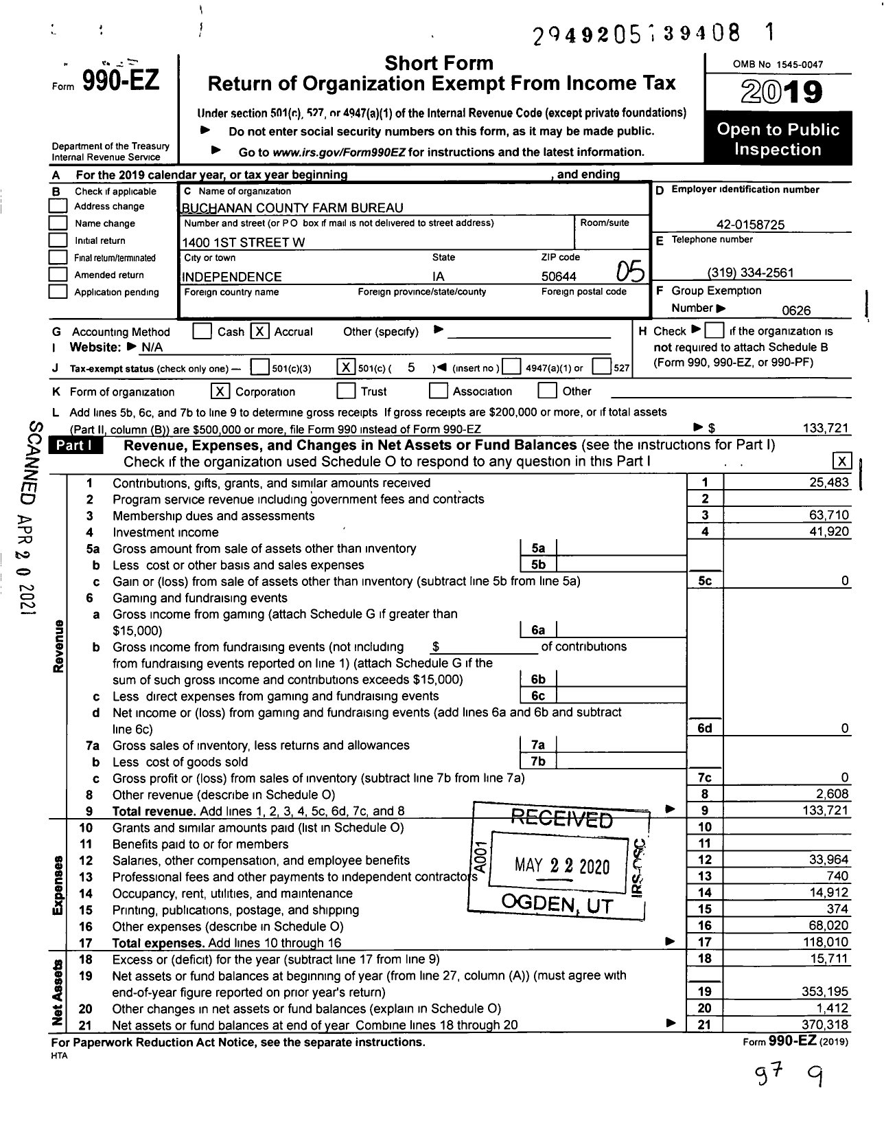 Image of first page of 2019 Form 990EO for Iowa Farm Bureau Federation - Buchanan County Farm Bureau