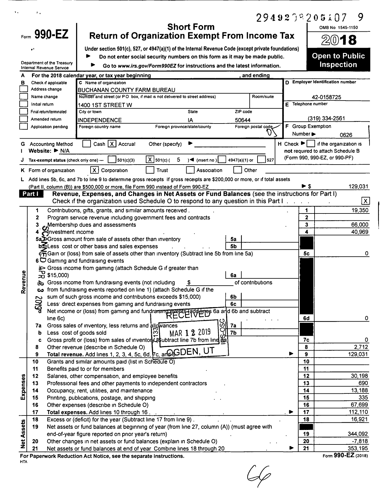 Image of first page of 2018 Form 990EO for Iowa Farm Bureau Federation - Buchanan County Farm Bureau