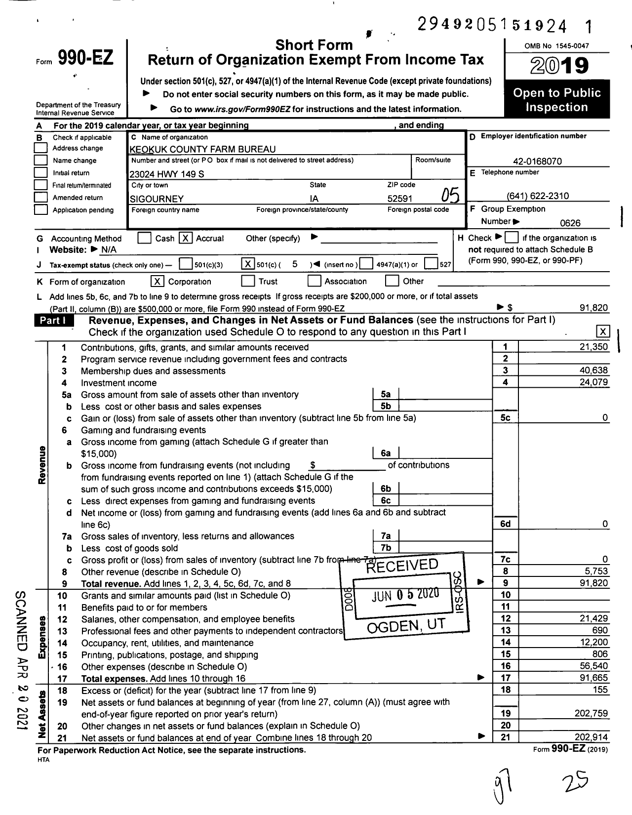 Image of first page of 2019 Form 990EO for Iowa Farm Bureau Federation - Keokuk County Farm Bureau