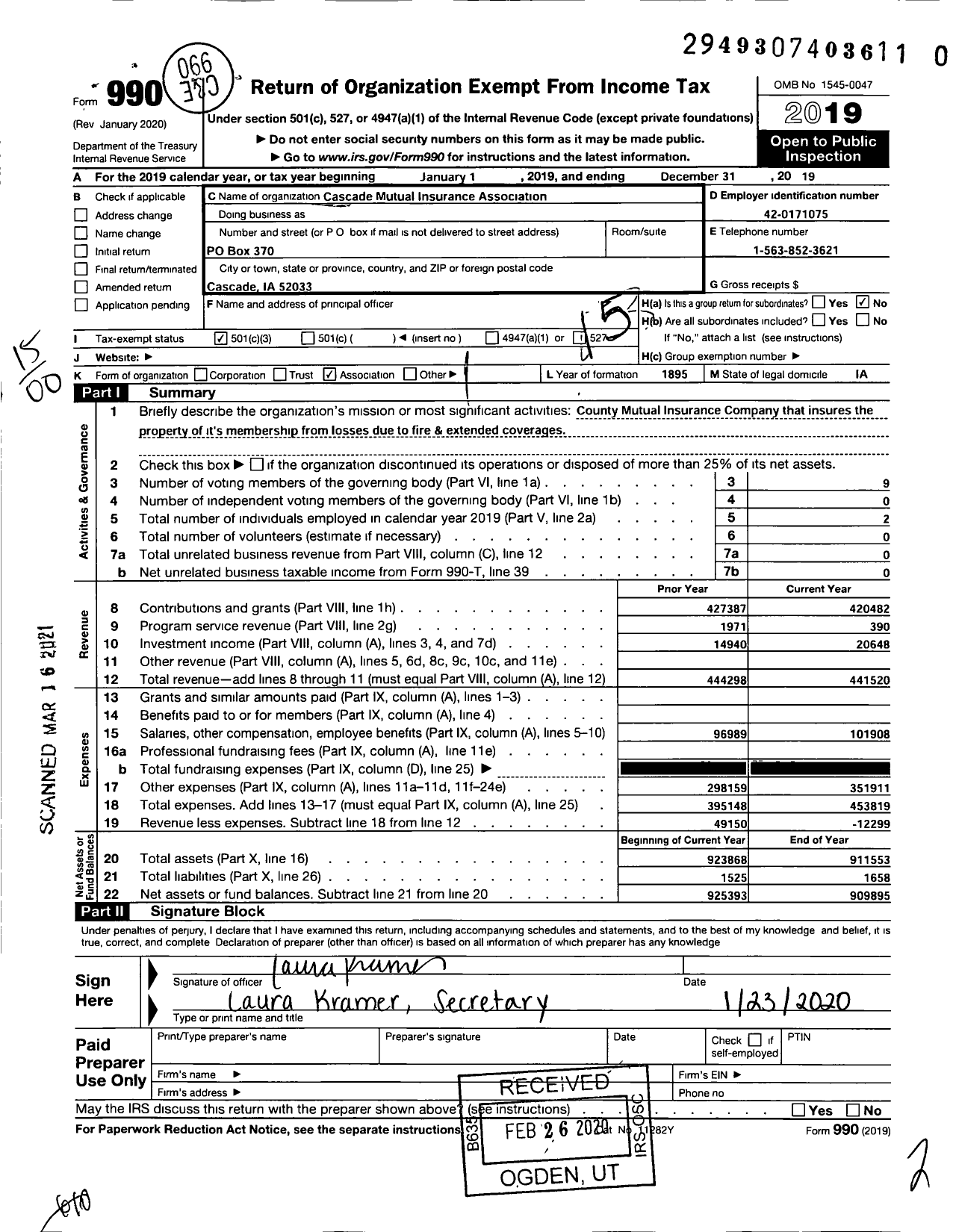 Image of first page of 2019 Form 990O for Cascade Mutual Insurance Association