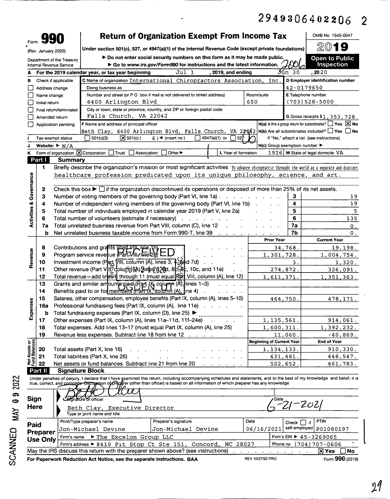 Image of first page of 2019 Form 990O for International Chiropractors Association