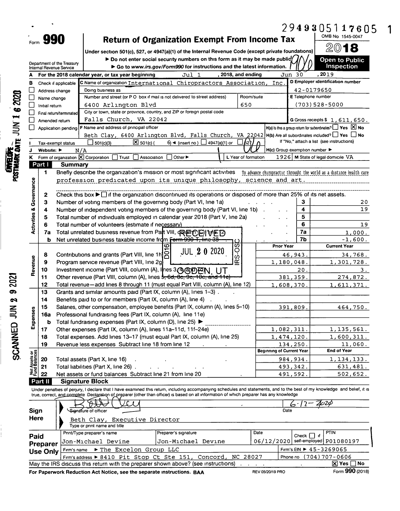 Image of first page of 2018 Form 990O for International Chiropractors Association