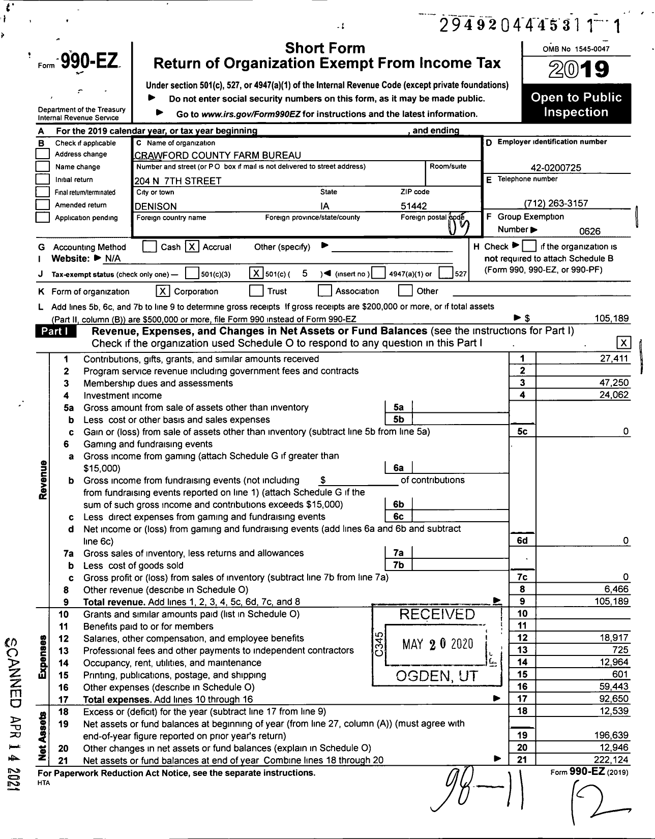 Image of first page of 2019 Form 990EO for Iowa Farm Bureau Federation - Crawford County Farm Bureau