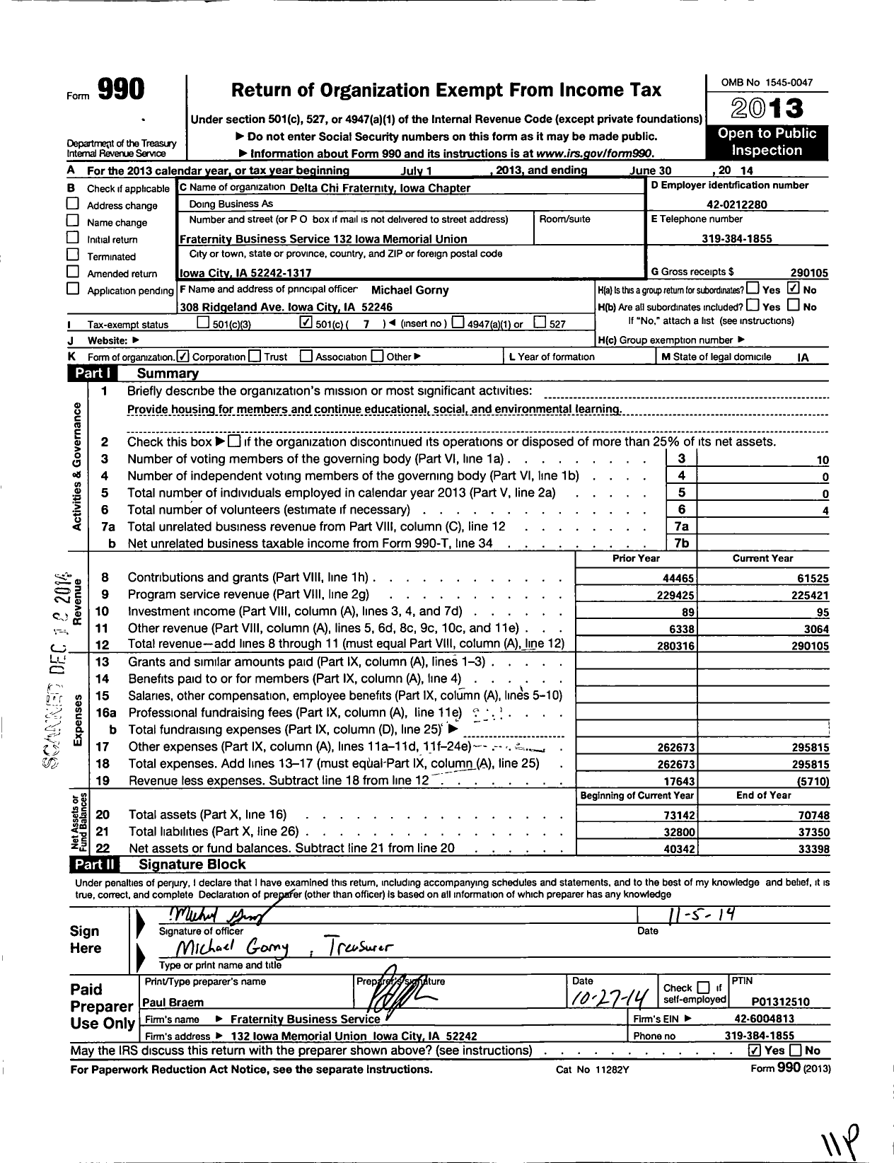 Image of first page of 2013 Form 990O for Delta Chi Fraternity / Iowa Chapter