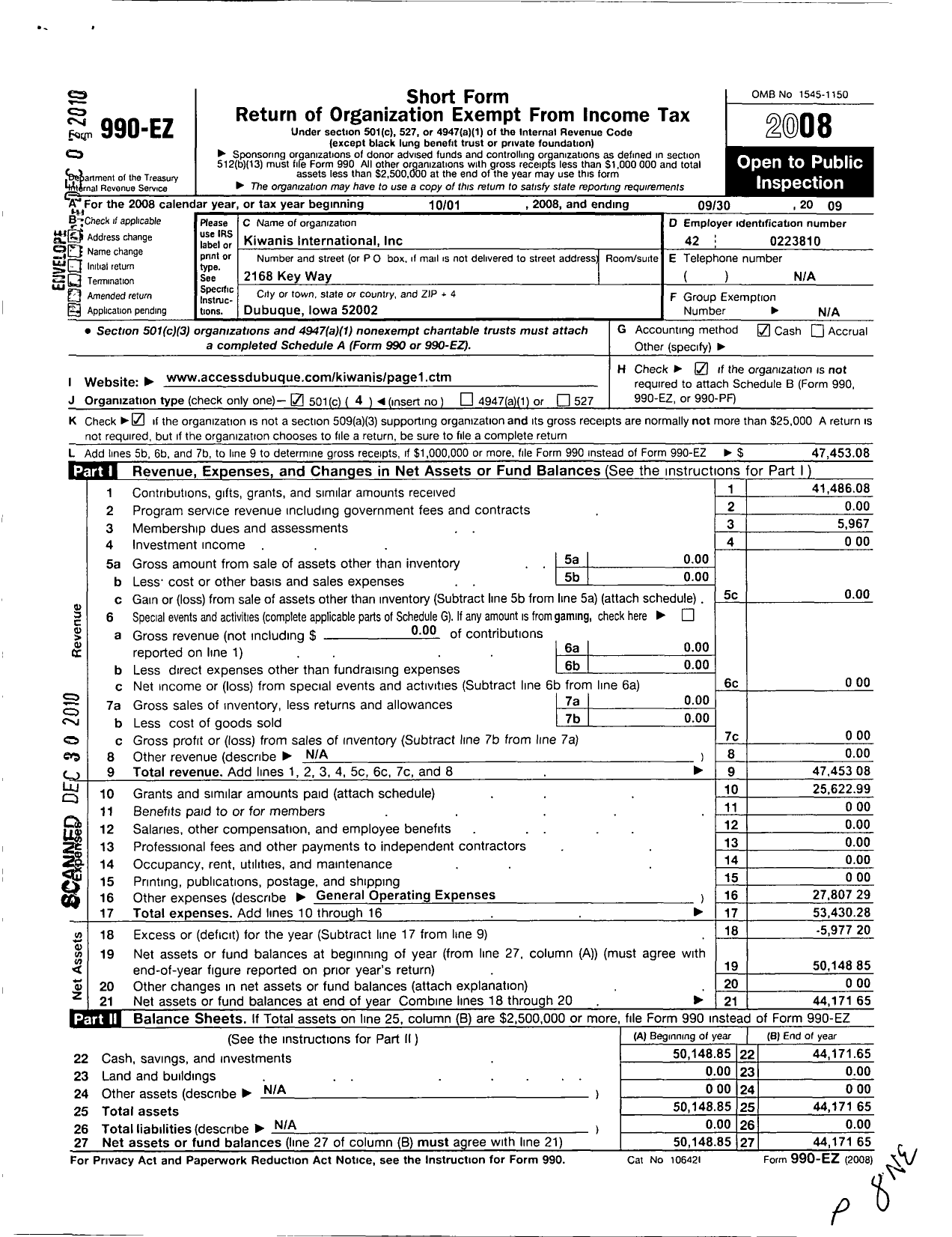 Image of first page of 2008 Form 990EO for Kiwanis International - K00204 Dubuque