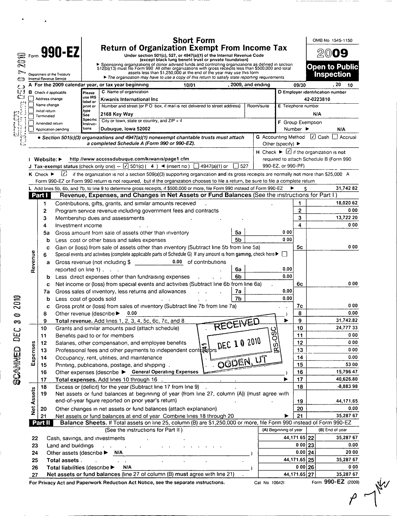 Image of first page of 2009 Form 990EO for Kiwanis International - K00204 Dubuque