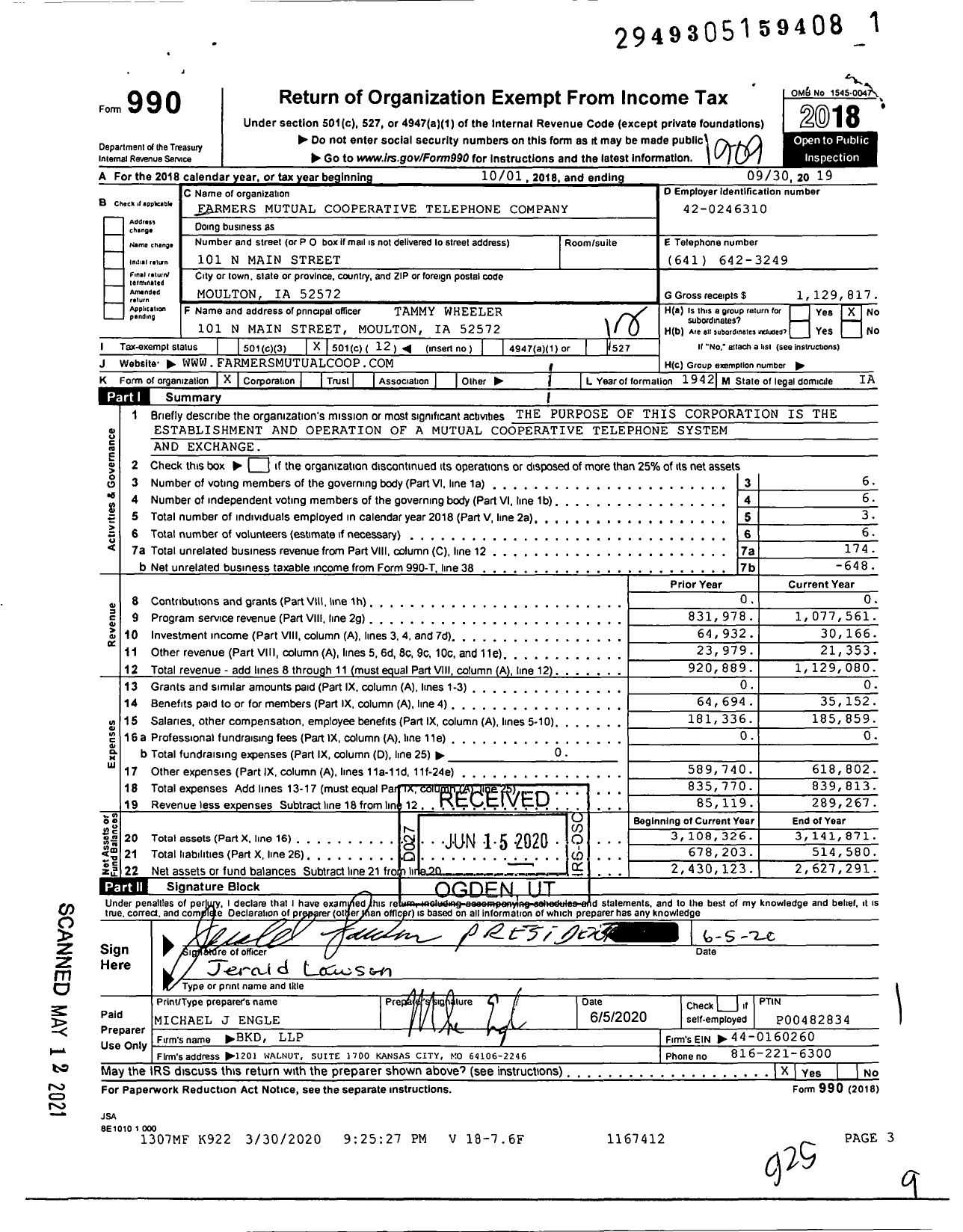 Image of first page of 2018 Form 990O for Farmers Mutual Communications