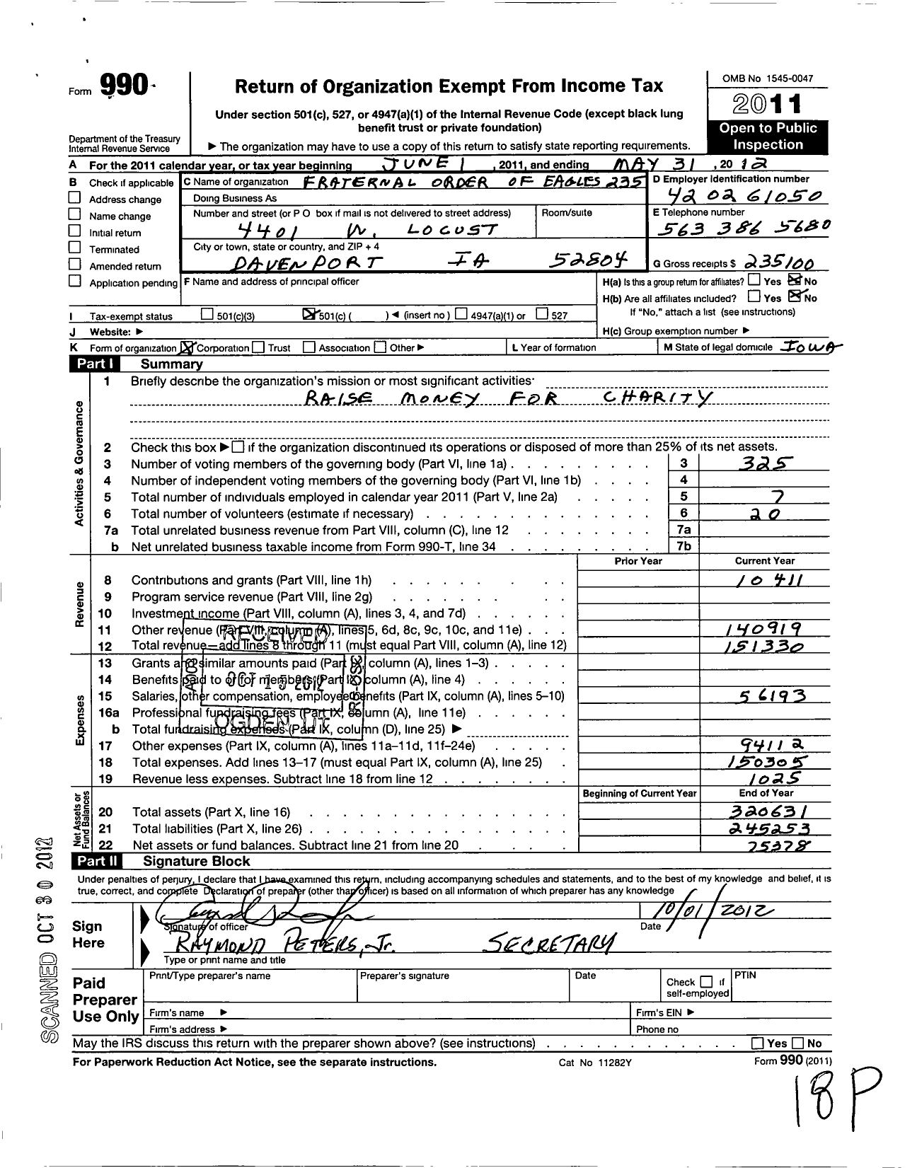 Image of first page of 2011 Form 990O for Fraternal Order of Eagles - 235 Aerie
