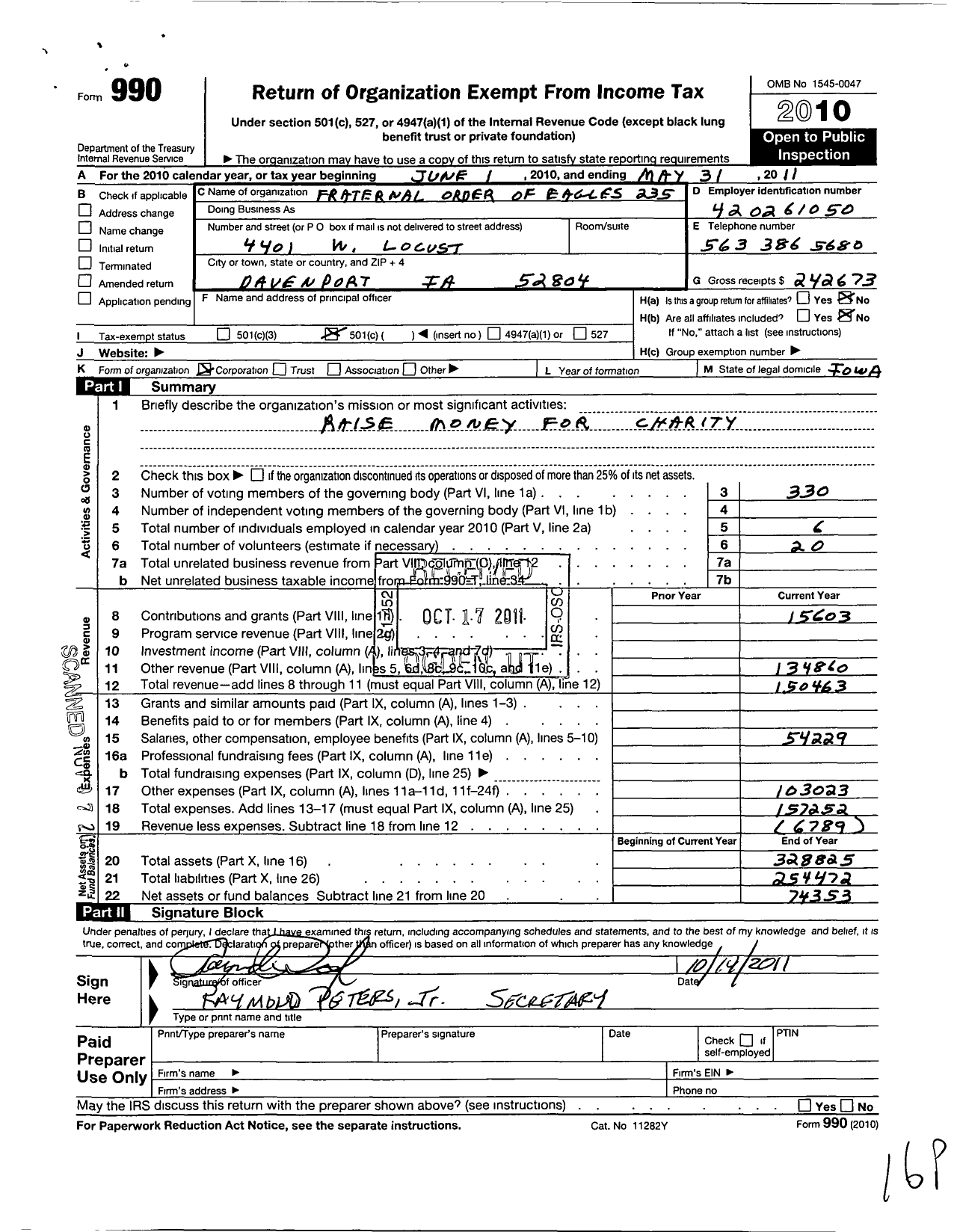 Image of first page of 2010 Form 990O for Fraternal Order of Eagles - 235 Aerie