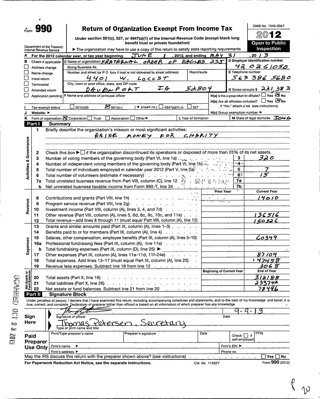 Image of first page of 2012 Form 990O for Fraternal Order of Eagles - 235 Aerie