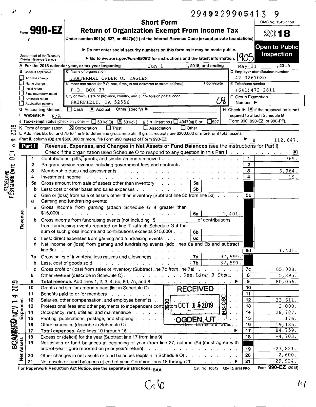 Image of first page of 2018 Form 990EO for Fraternal Order of Eagles