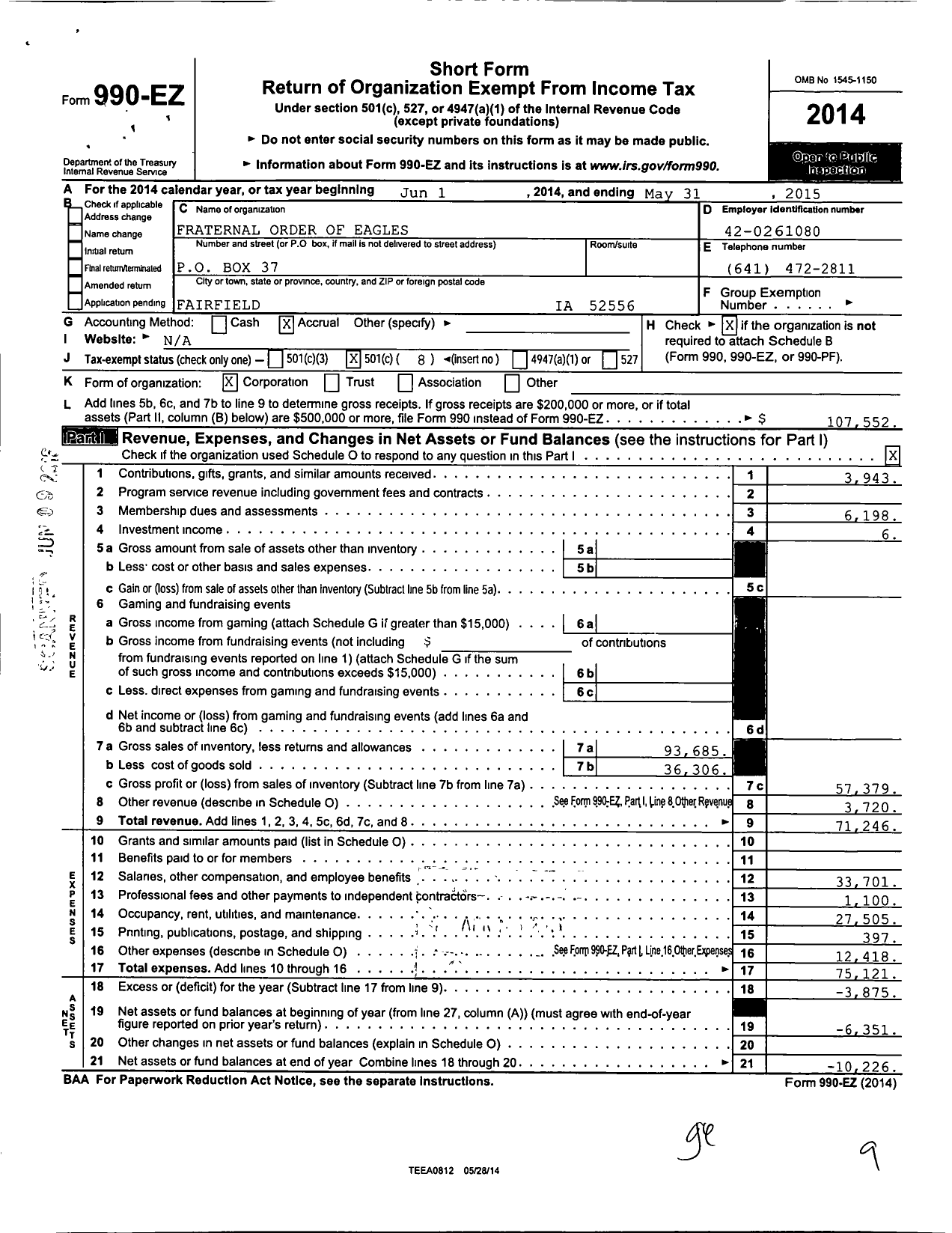 Image of first page of 2014 Form 990EO for Fraternal Order of Eagles