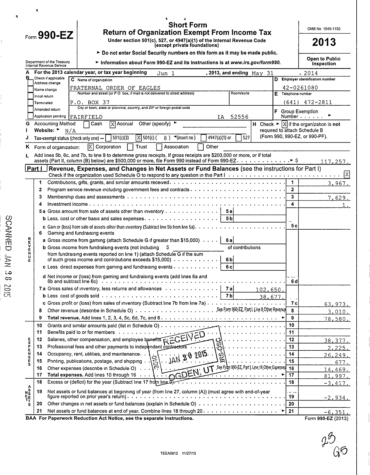 Image of first page of 2013 Form 990EO for Fraternal Order of Eagles