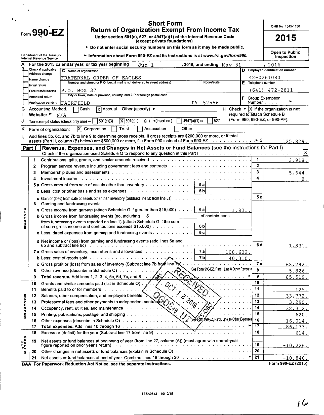 Image of first page of 2015 Form 990EO for Fraternal Order of Eagles