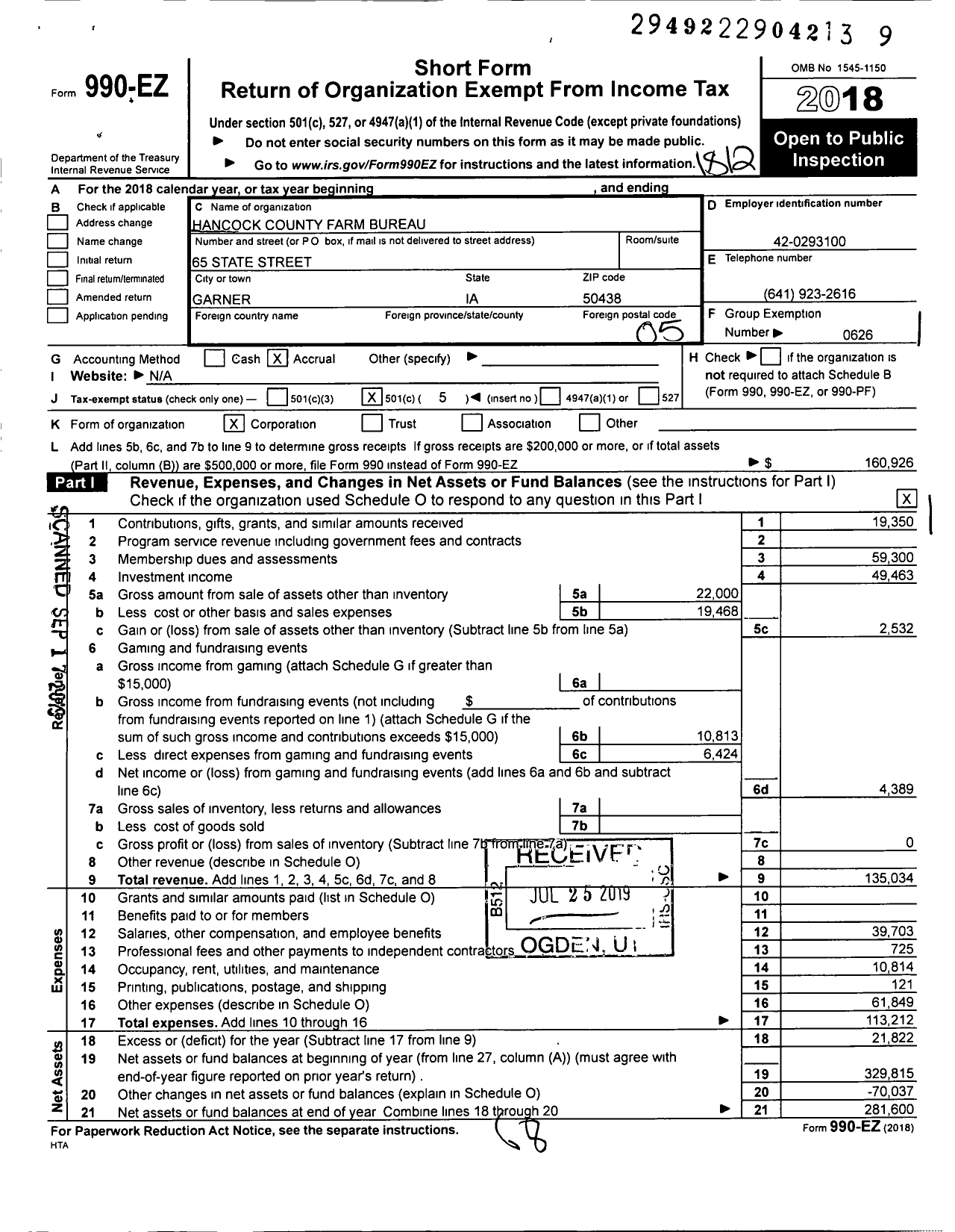 Image of first page of 2018 Form 990EO for Iowa Farm Bureau Federation - Hancock County Farm Bureau